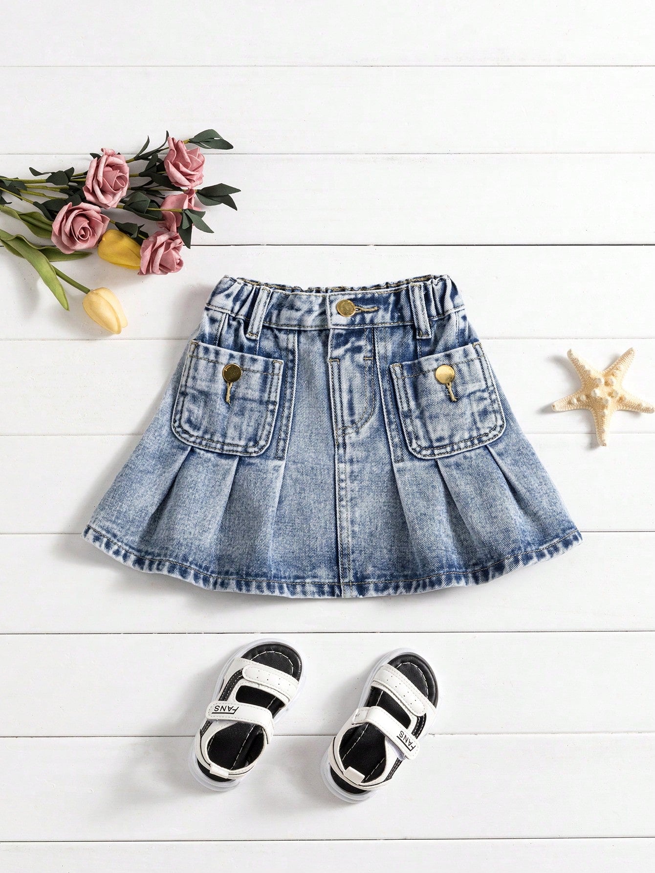 Light Washed Blue Pleated Denim Skirt For Toddler Girls