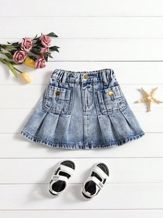 Light Washed Blue Pleated Denim Skirt For Toddler Girls