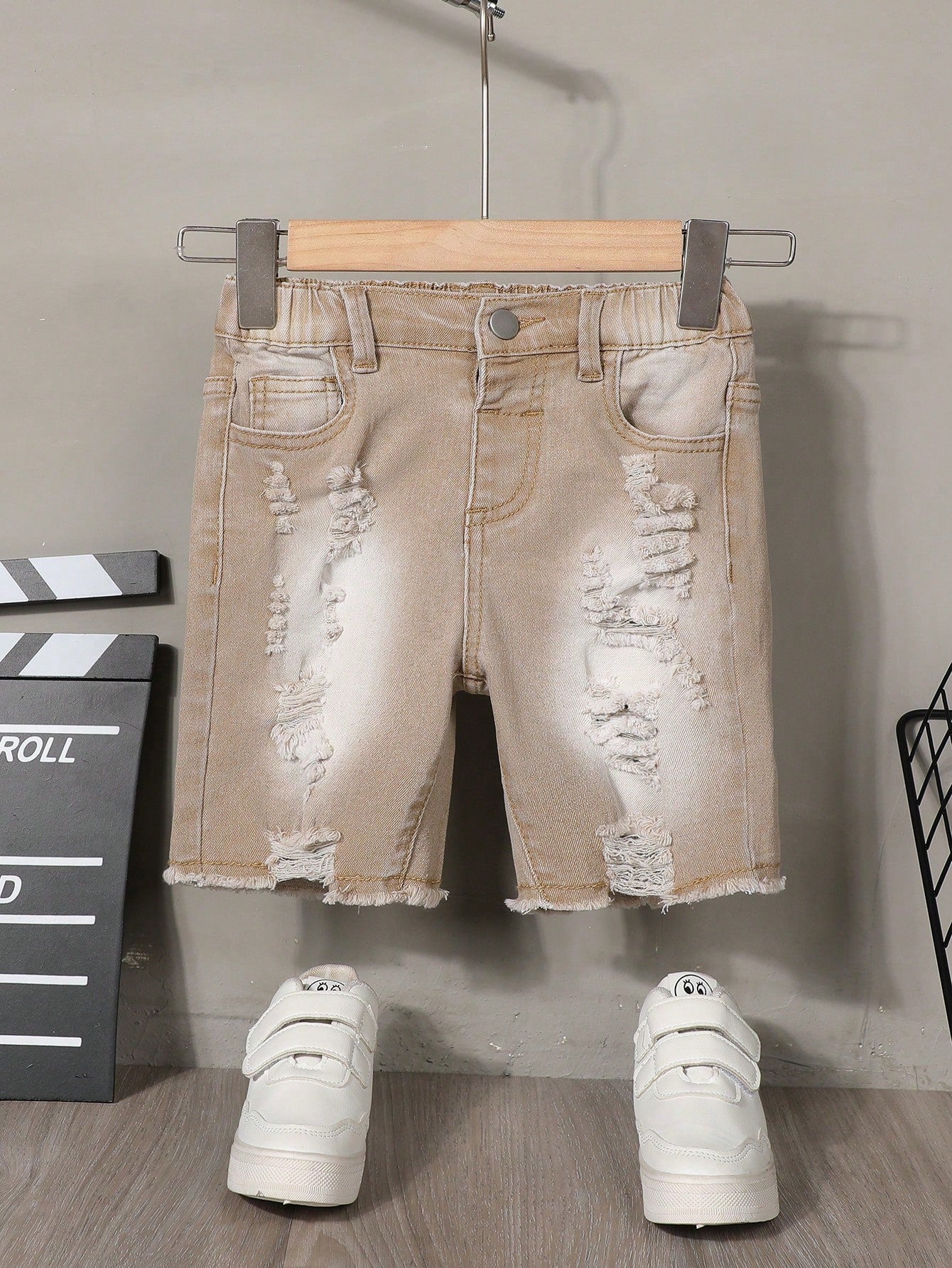 Young Boys' Sandblasted + Horse Spray + Street Cut-Up And Washed Ripped Denim Shorts