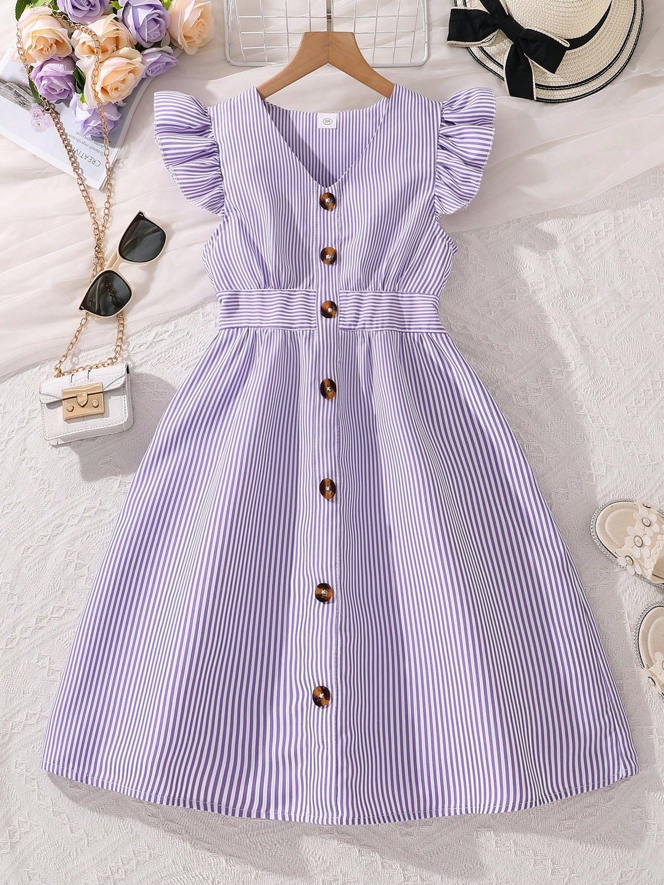 Tween Girl Summer Fresh Striped Flare Sleeve V-Neck Belted Dress