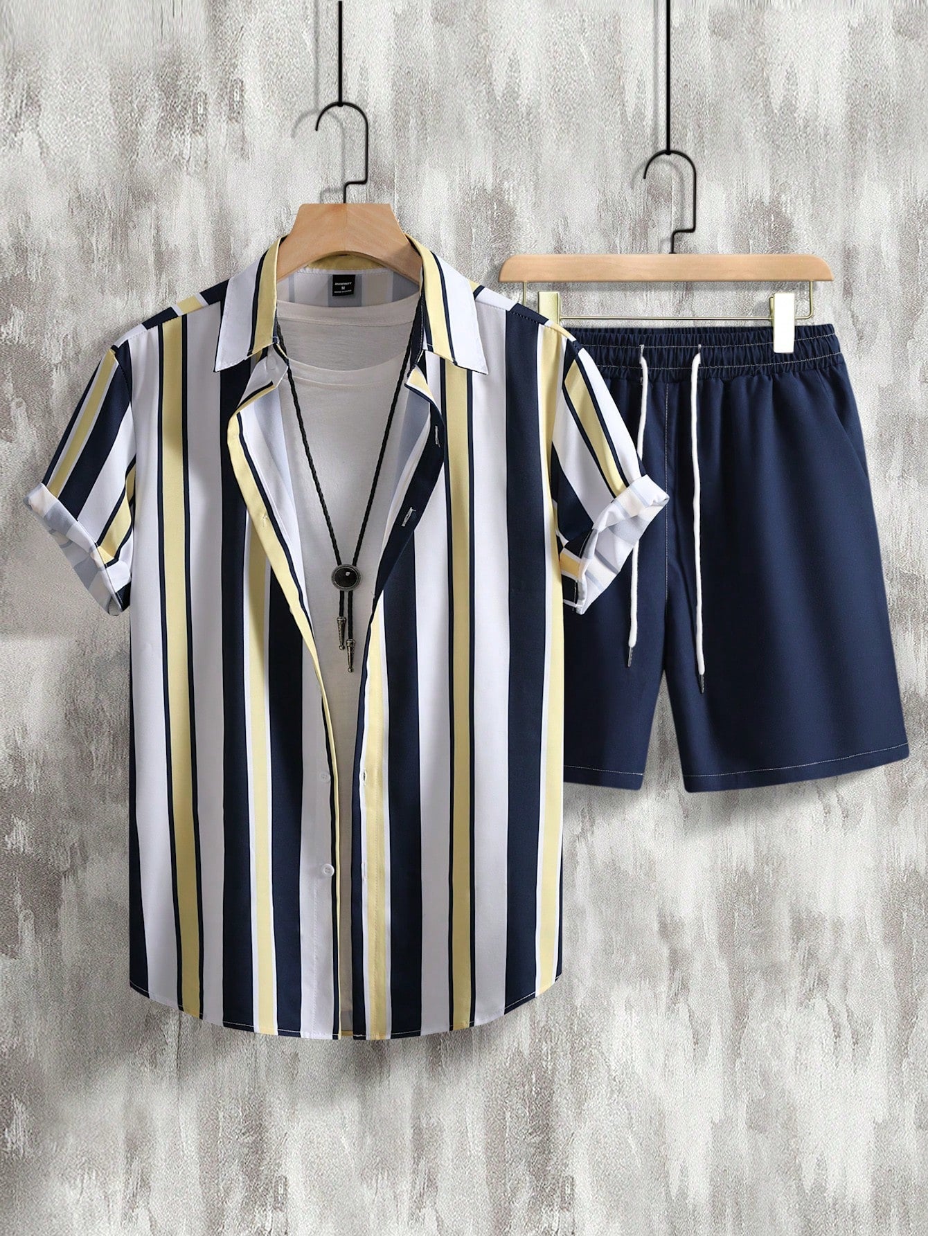 Men Striped Shirt & Drawstring Waist Shorts Without Tee