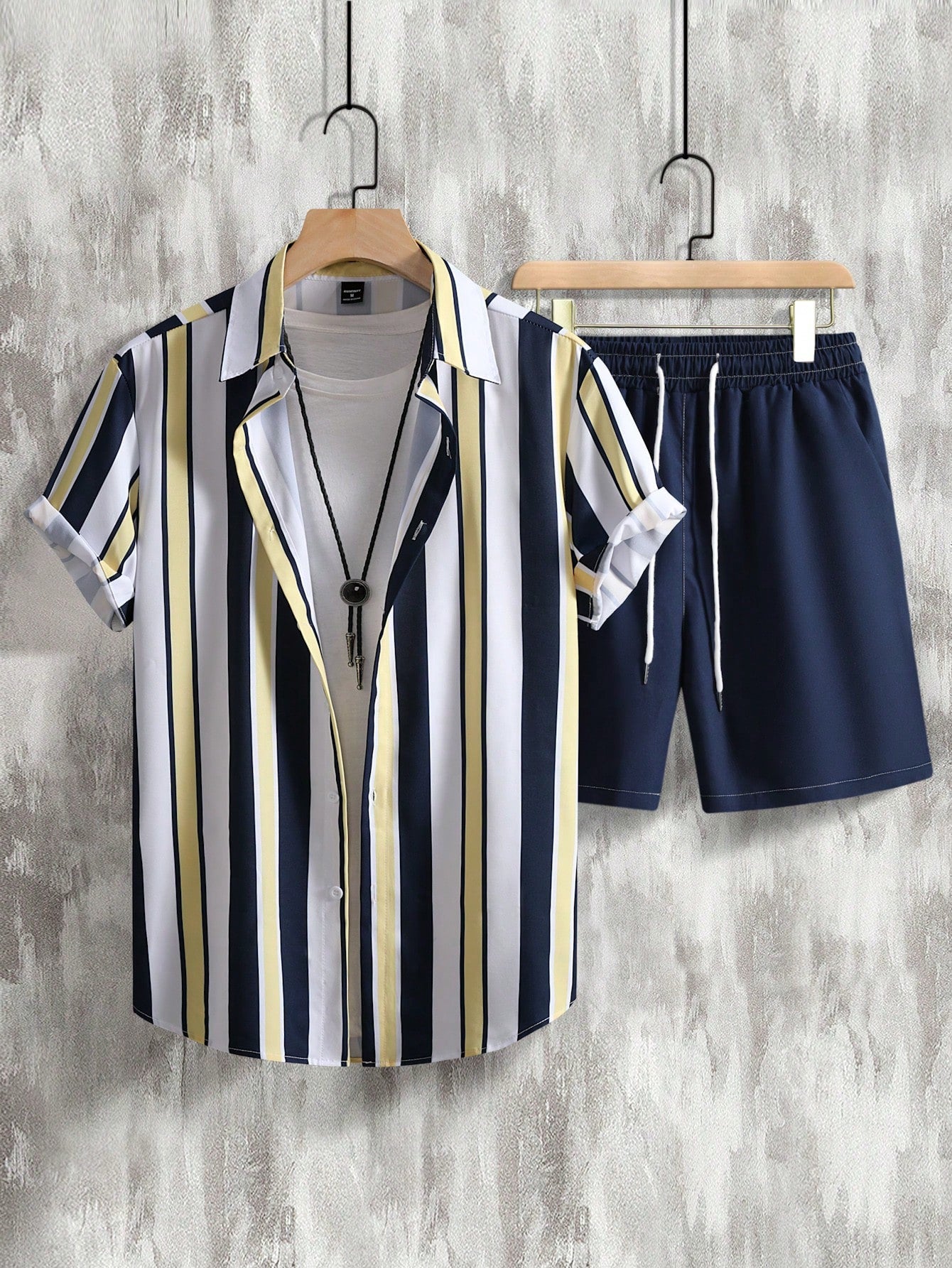 Men Striped Shirt & Drawstring Waist Shorts Without Tee