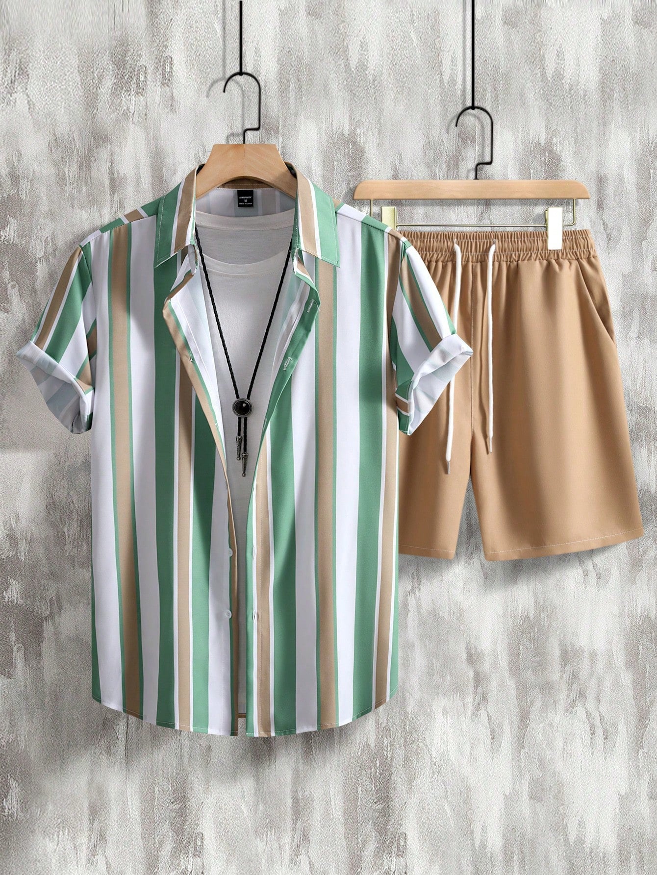 Men Striped Shirt & Drawstring Waist Shorts Without Tee