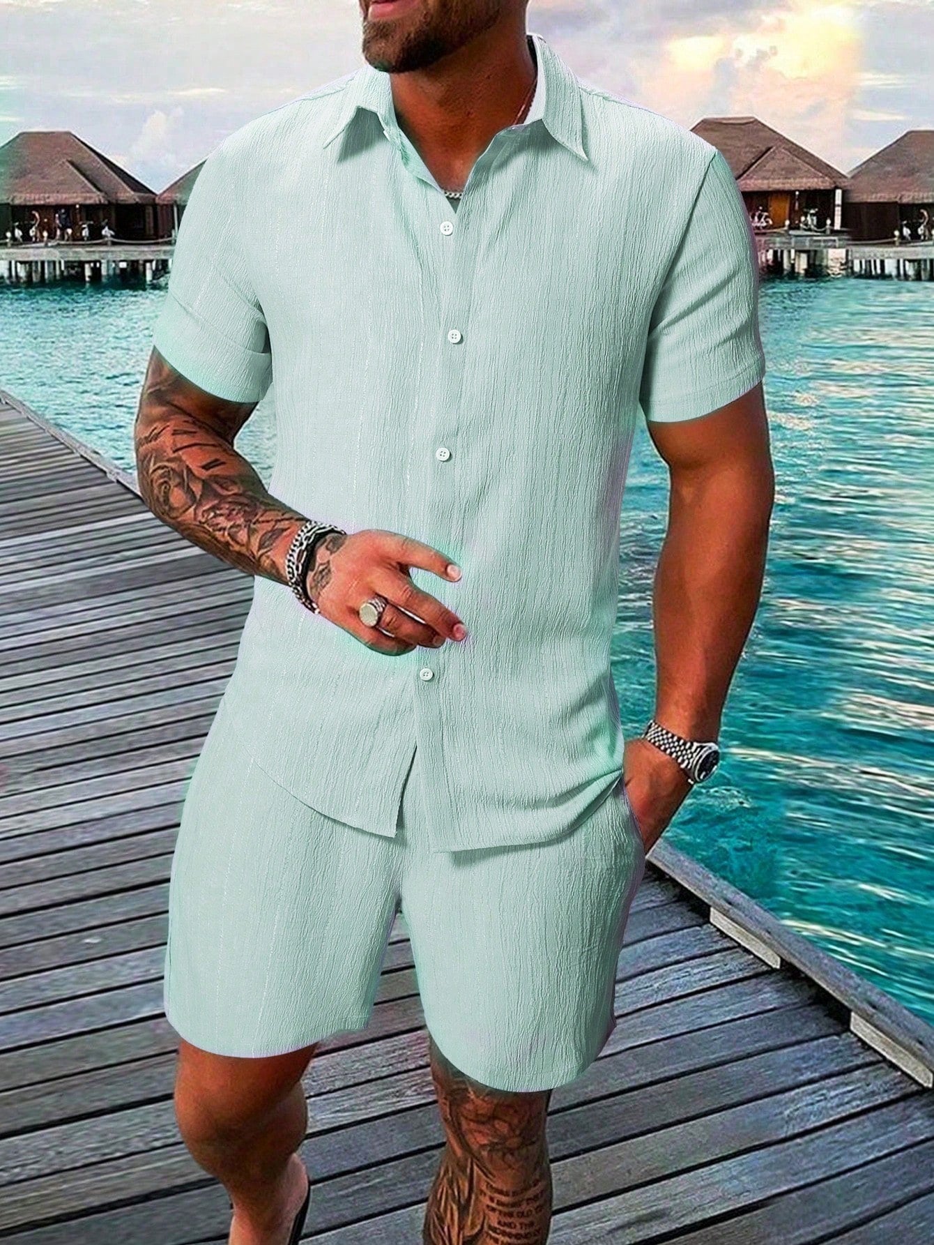 Men's Summer Solid Color Short Sleeve Shirt And Drawstring Waist Shorts Casual Set