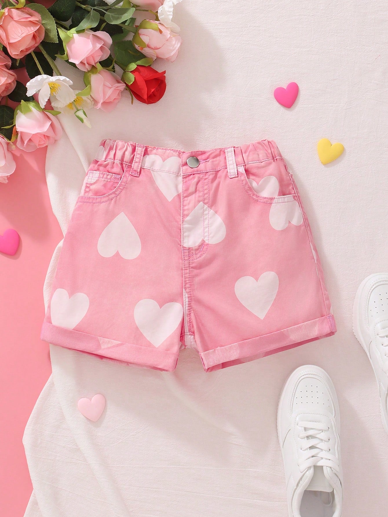 Tween Girl Dopamine Pink Heart Rolled Edge Wide Leg Denim Shorts, A-Line