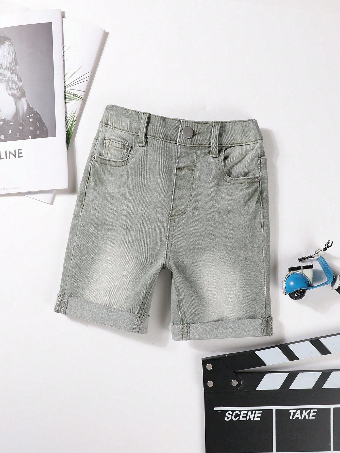 Young Boy Summer Denim Shorts, Washed Casual Fashion With Diagonal Pockets