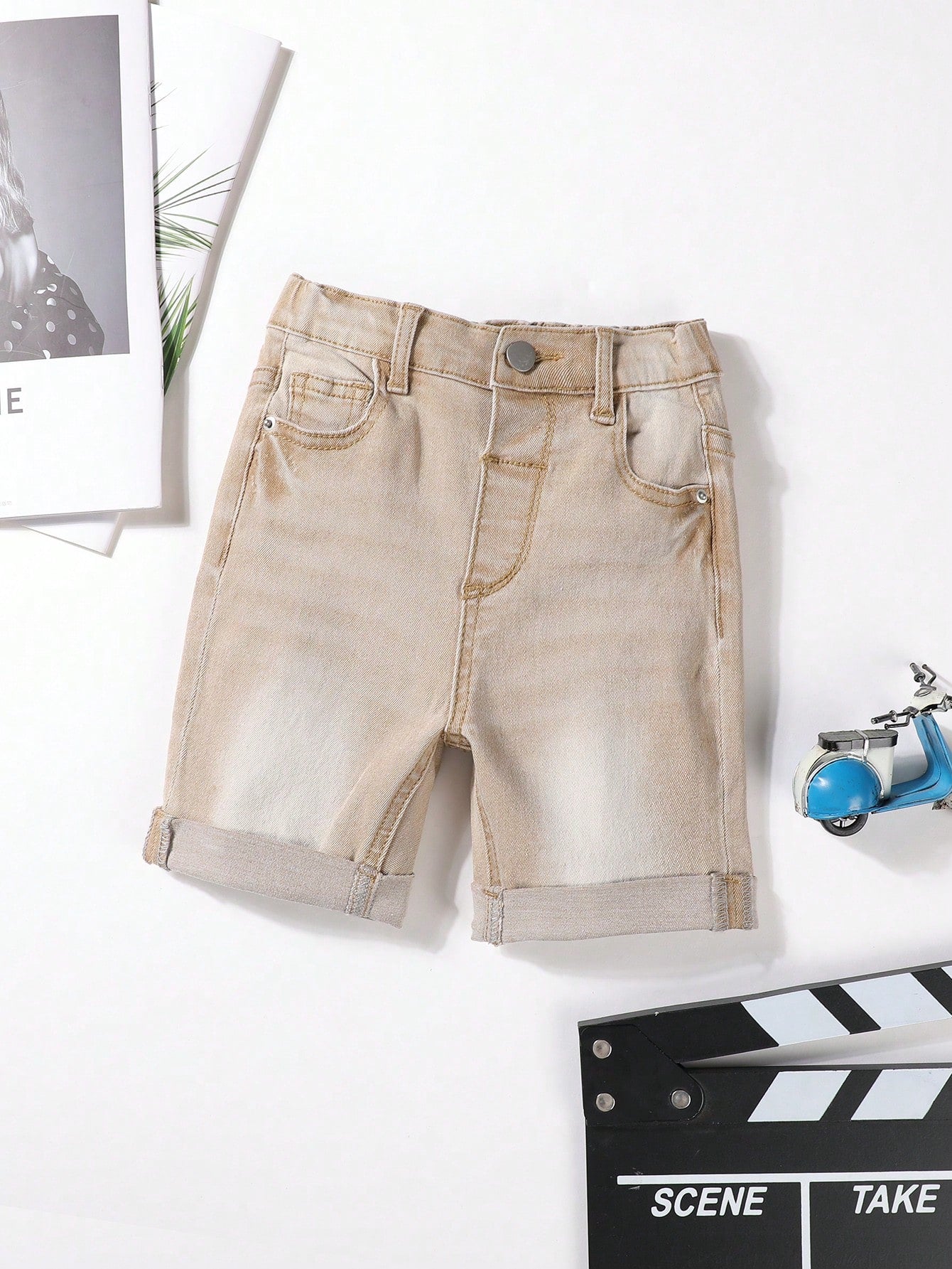 Young Boy Summer Denim Shorts, Washed Casual Fashion With Diagonal Pockets