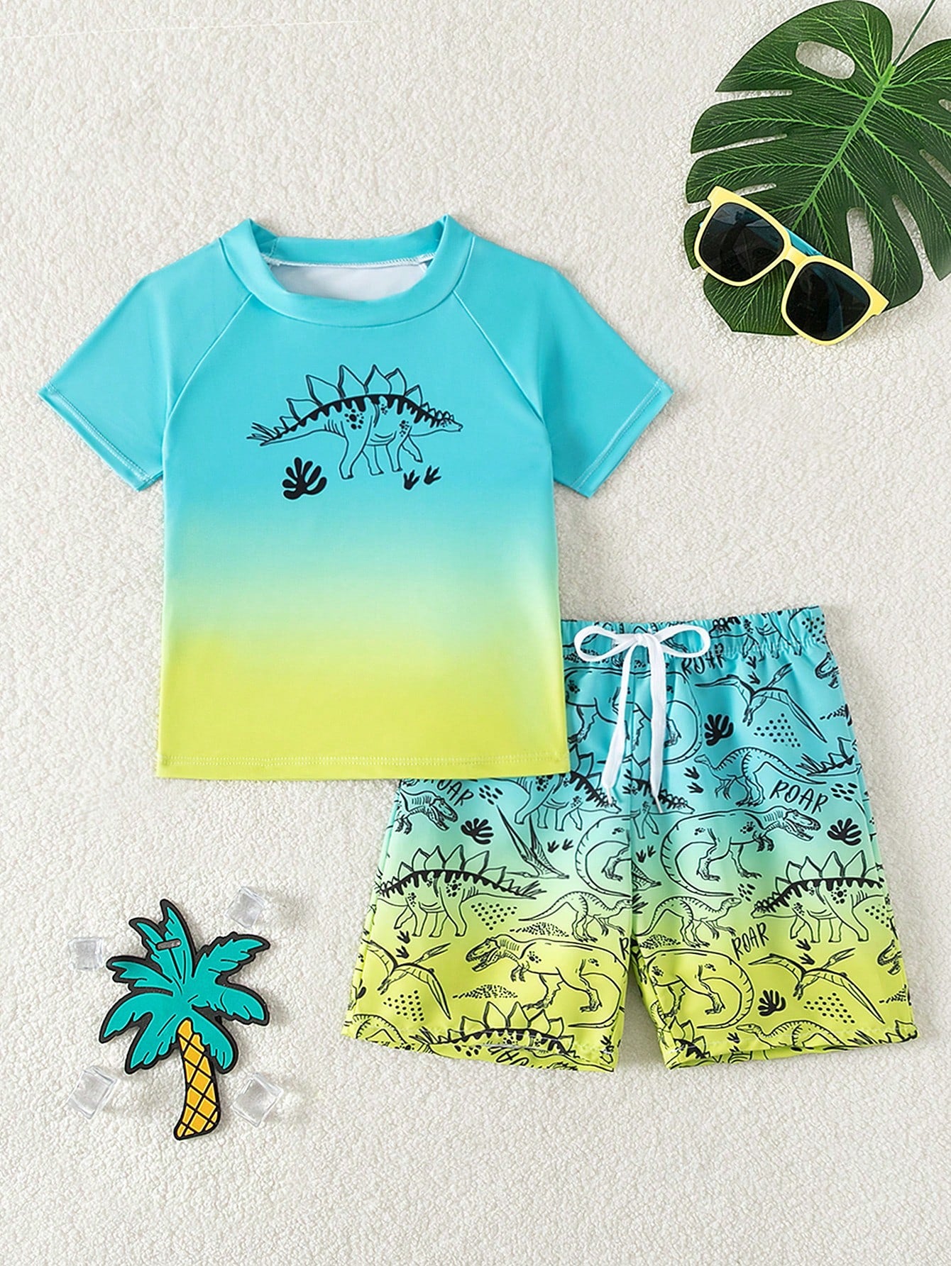 Young Boy Dinosaur Ombre Printed Round Neck Short Sleeve T-Shirt And Shorts Casual Swimsuit Set