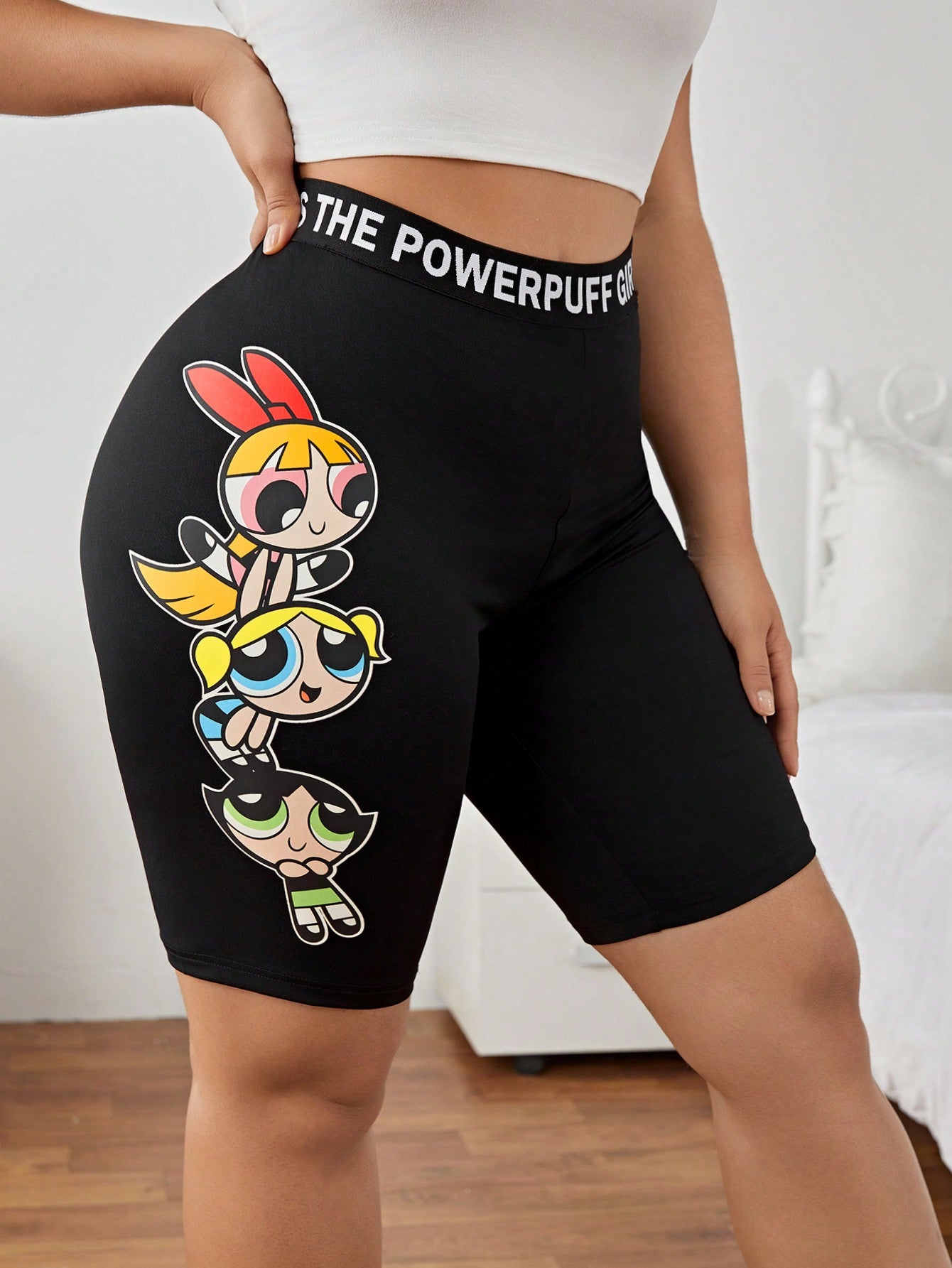 Plus Size Trendy Street Style Tight Knit Cartoon Printed High Waist Letter Black Biker Shorts