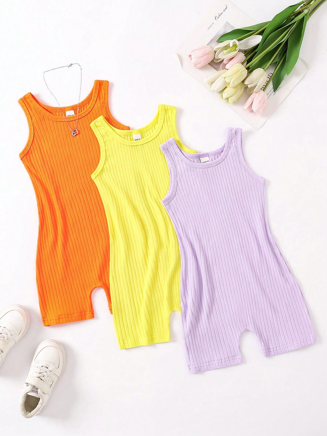 Young Girl Summer Casual Solid Color Ribbed Knitted Sleeveless Jumpsuit