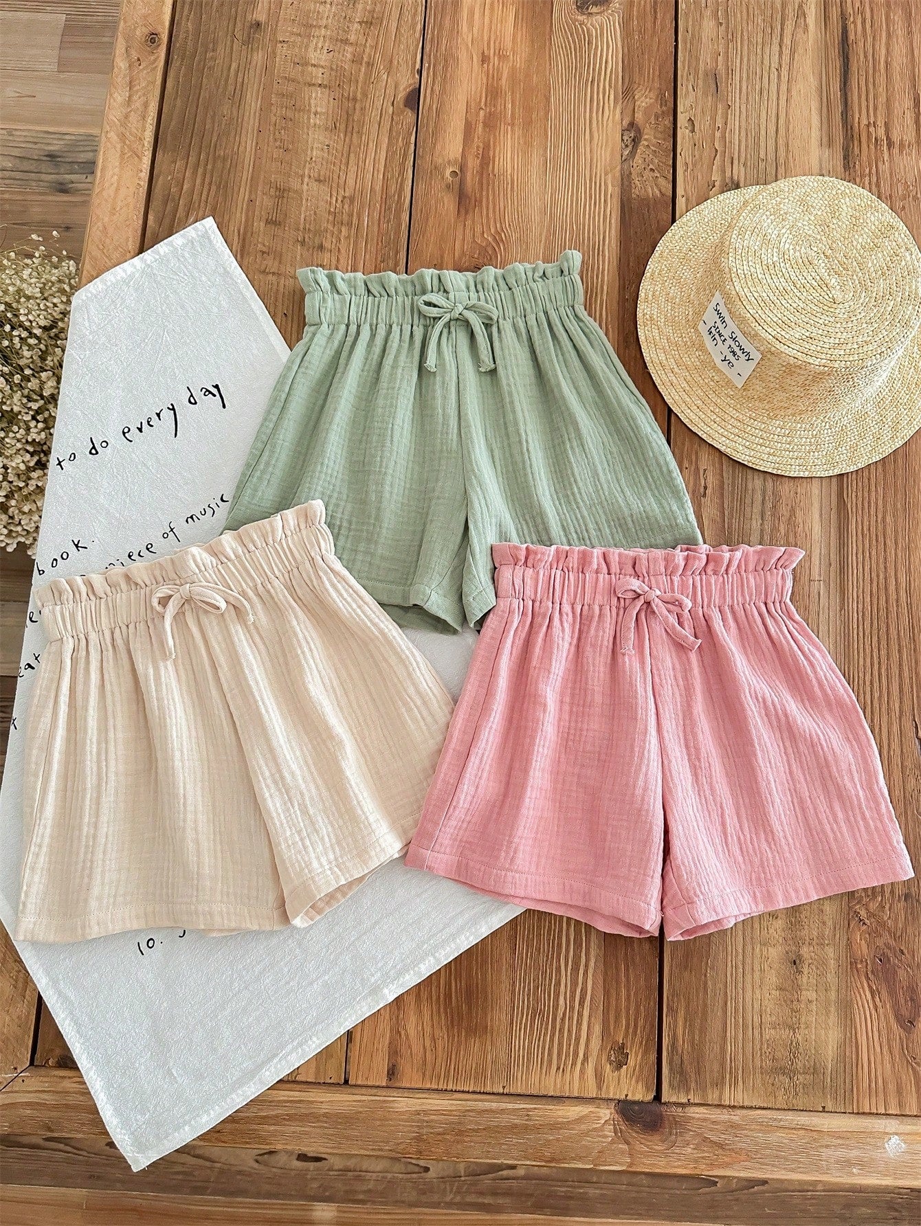 Young Girl's 3pcs Casual Summer Set: Woven Soft Dual-Layered Gauze Ruffle Shorts With Elastic Waist, Solid Color, Versatile And Breezy