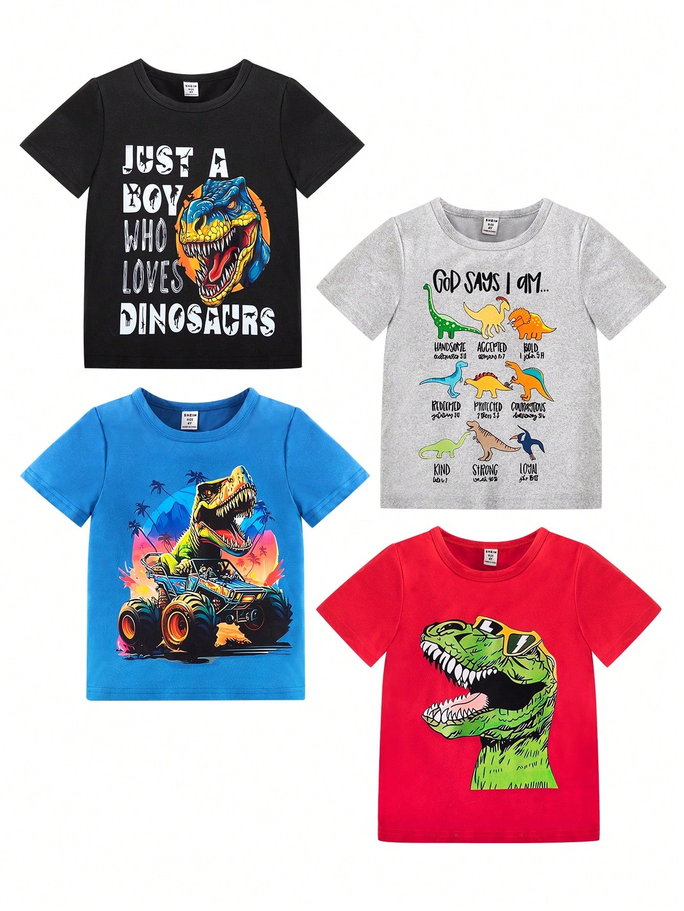 4pcs Young Boy Dinosaur & Letter Print Short Sleeve T-Shirts