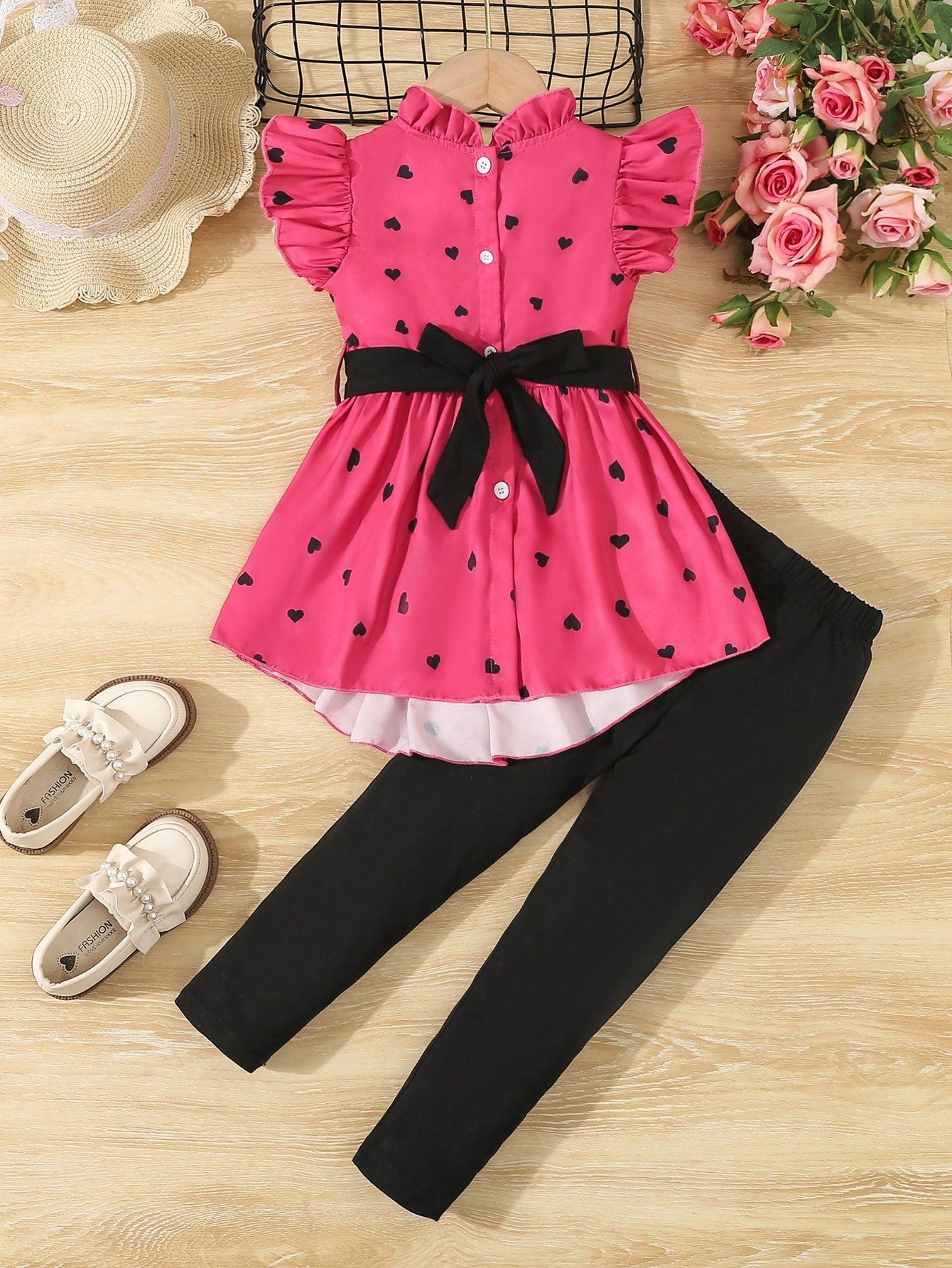 Young Girl Summer Heart Print Bow Knot Halter Irregular Hem Sleeveless Top And Tight Pants Set For Outdoor Leisure