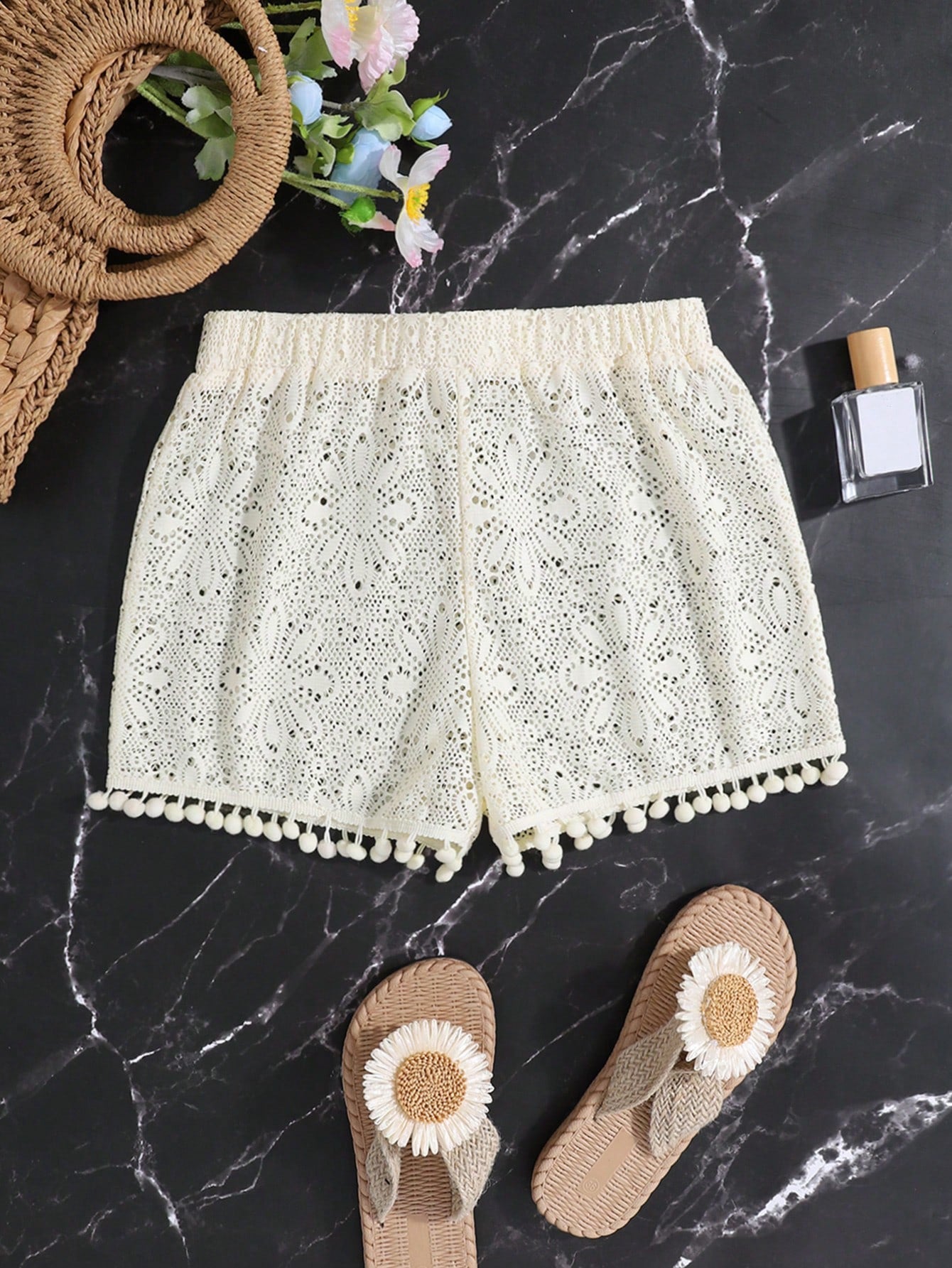 Teen Girl Knitted Hollow Out Jacquard Spliced Lace Hem Casual Shorts