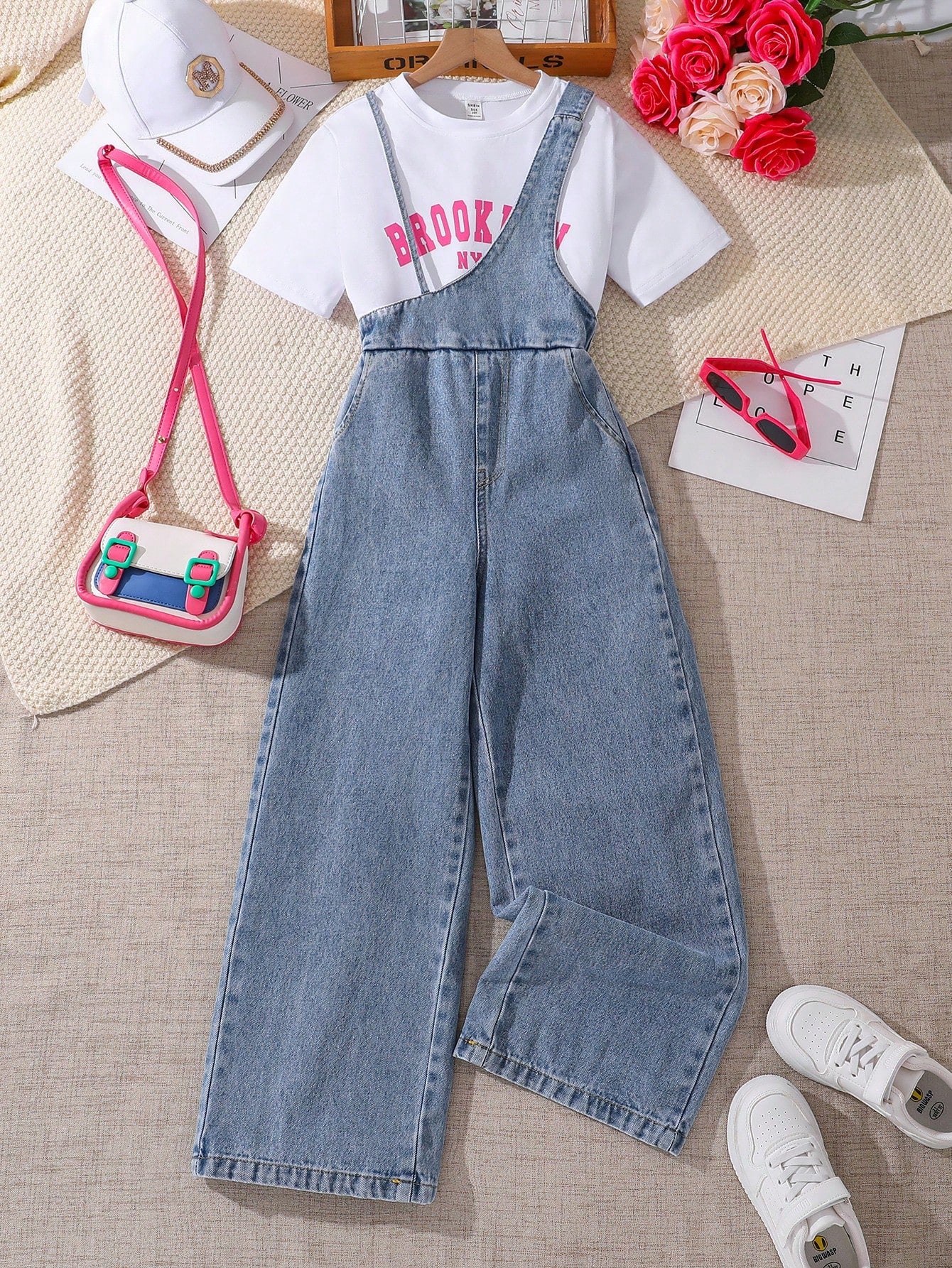 Tween Girl Solid Color Overalls & Printed Short Sleeve T-Shirt Set, Simple & Casual Daily Wear