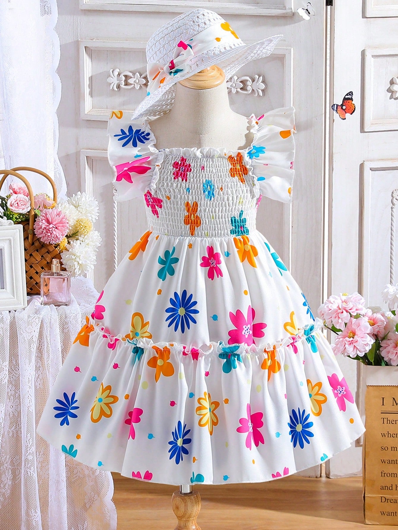 Young Girl Mexican Children's Day Sleeveless Colorful Dopamine Pink Allover Print Midi Dress, Summer