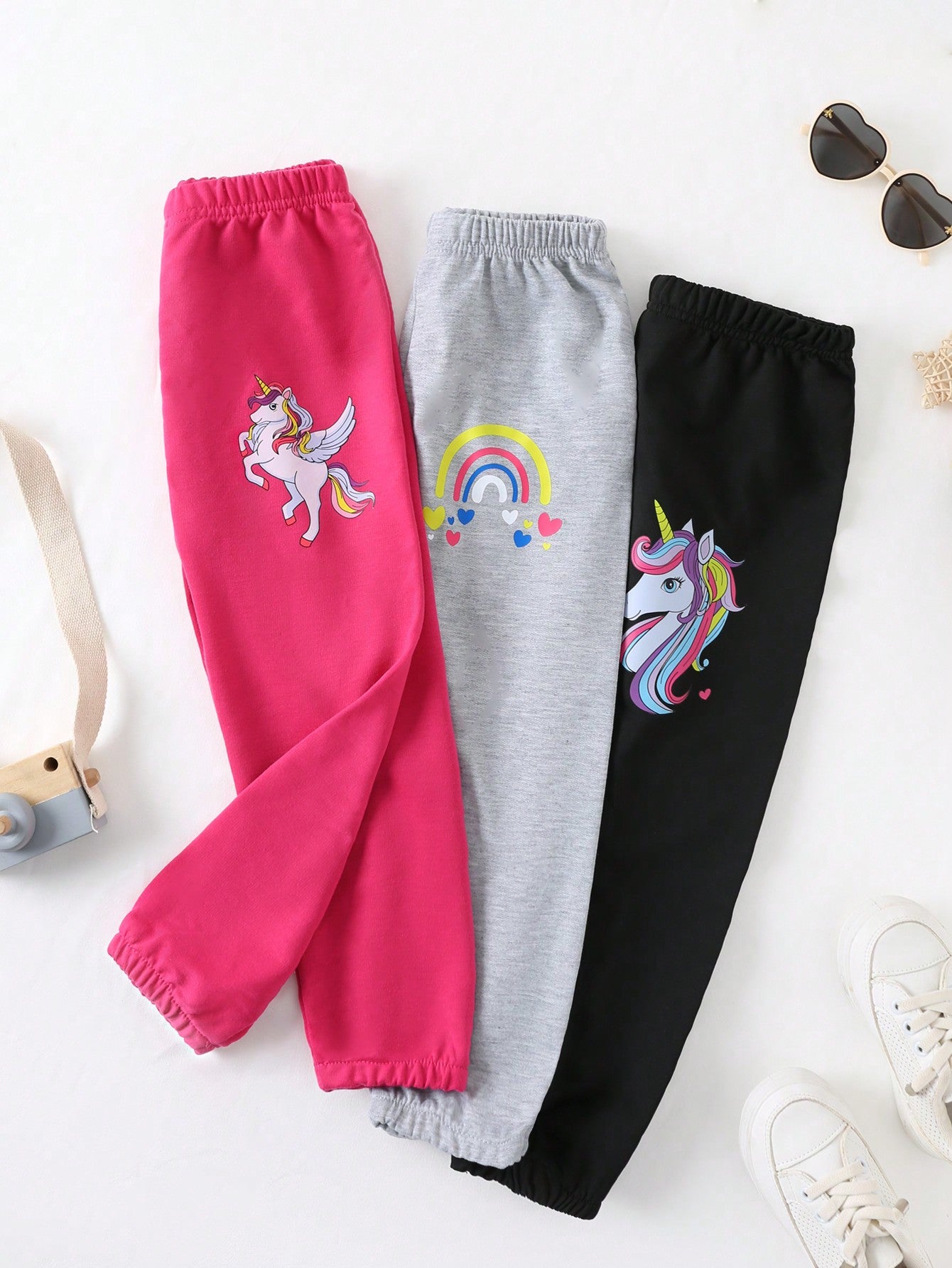 Young Girl 3pcs Casual Sporty Unicorn Print Jogger Pants With Elastic Waistband And Cuffs, Spring & Autumn