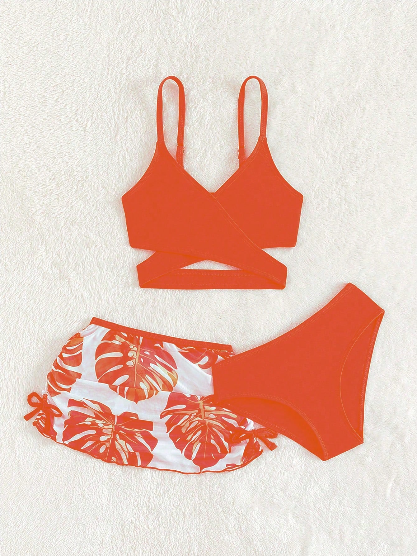 Young Girl Tropical Print Crisscross Bikini Set With Beach Skirt Summer Beach