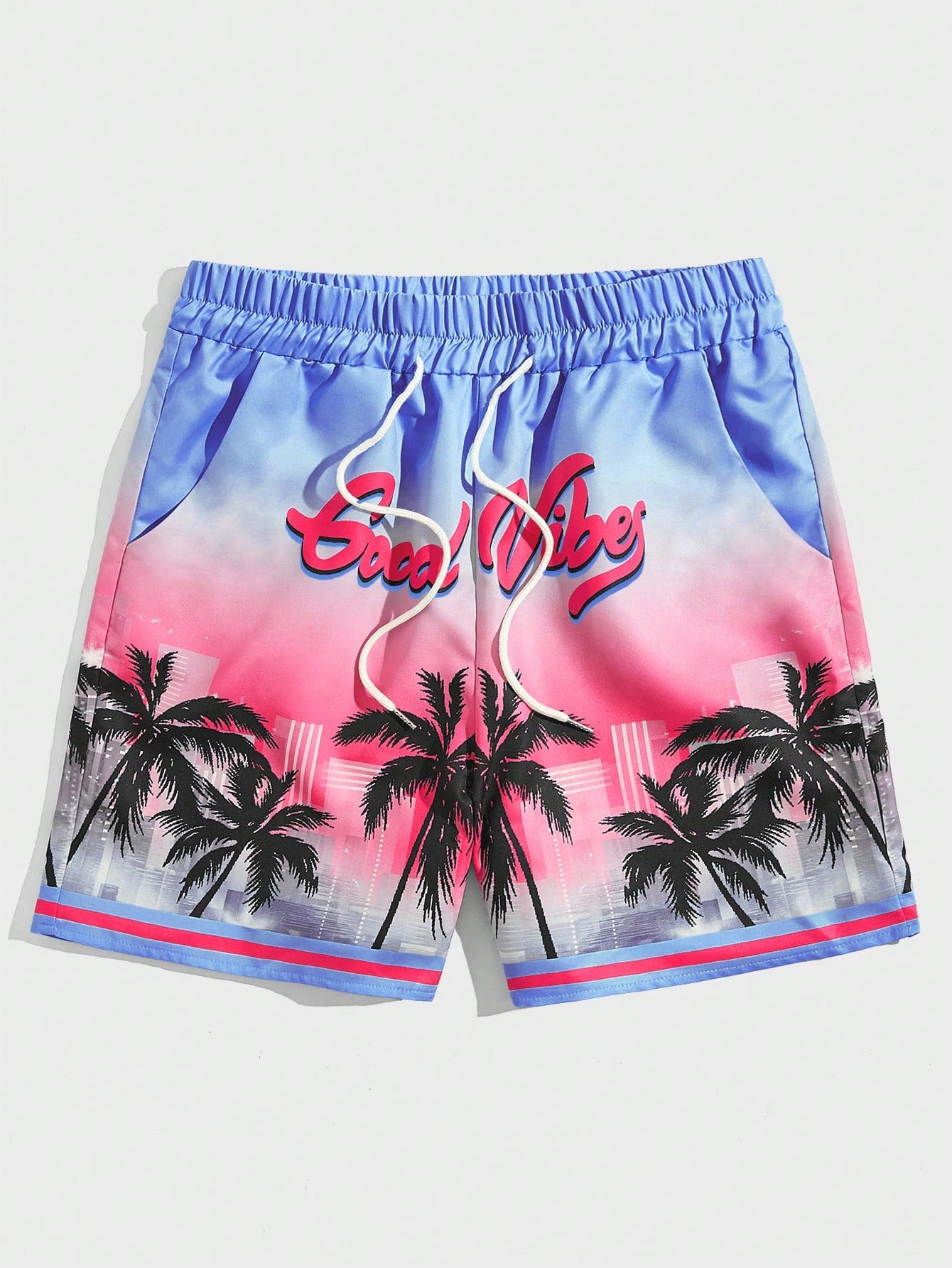 Street Life Men Coconut Tree & Letter Graphic Drawstring Waist Shorts