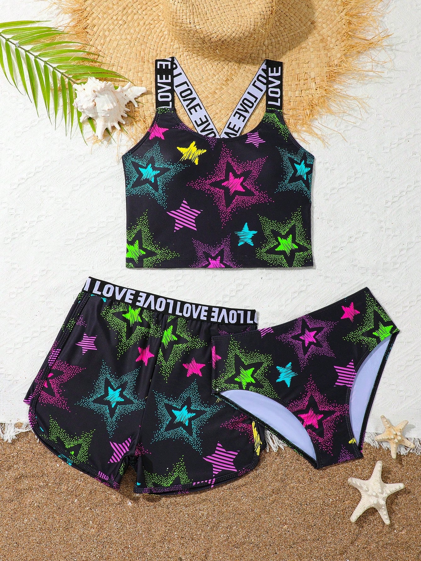 Tween Girl Star Printed Letter Detail Braided Strap Bikini Set