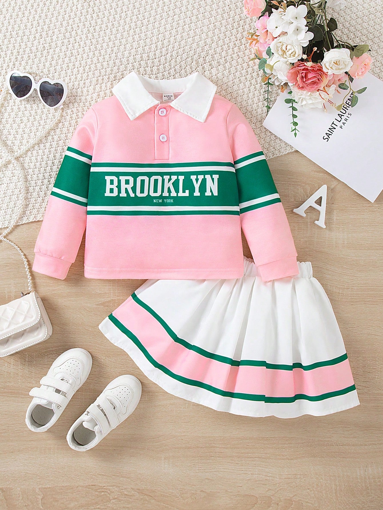 Young Girl 2024 New Summer Style, Long Sleeve Color-Block Polo Shirt With Printed Design, Pleated Skirt With Striped Design, American College Style Outfit