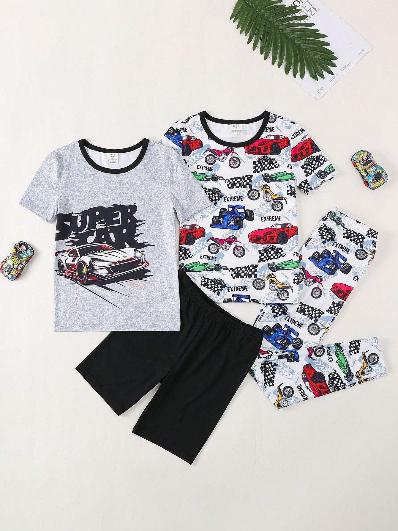 Tween Boy Cool Racing Printed Knit Shorts & Short Sleeve Top Set And Long Pants & Short Sleeve Top Set, Snug Fit, For Teenagers