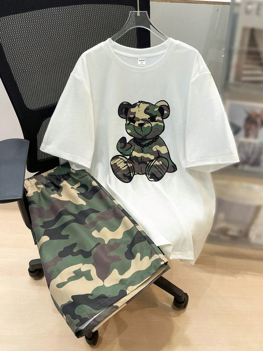 2点セット ティーンボーイ カジュアル カモ ベア プリント ニット 半袖 Tシャツとカモ ショーツ 夏服