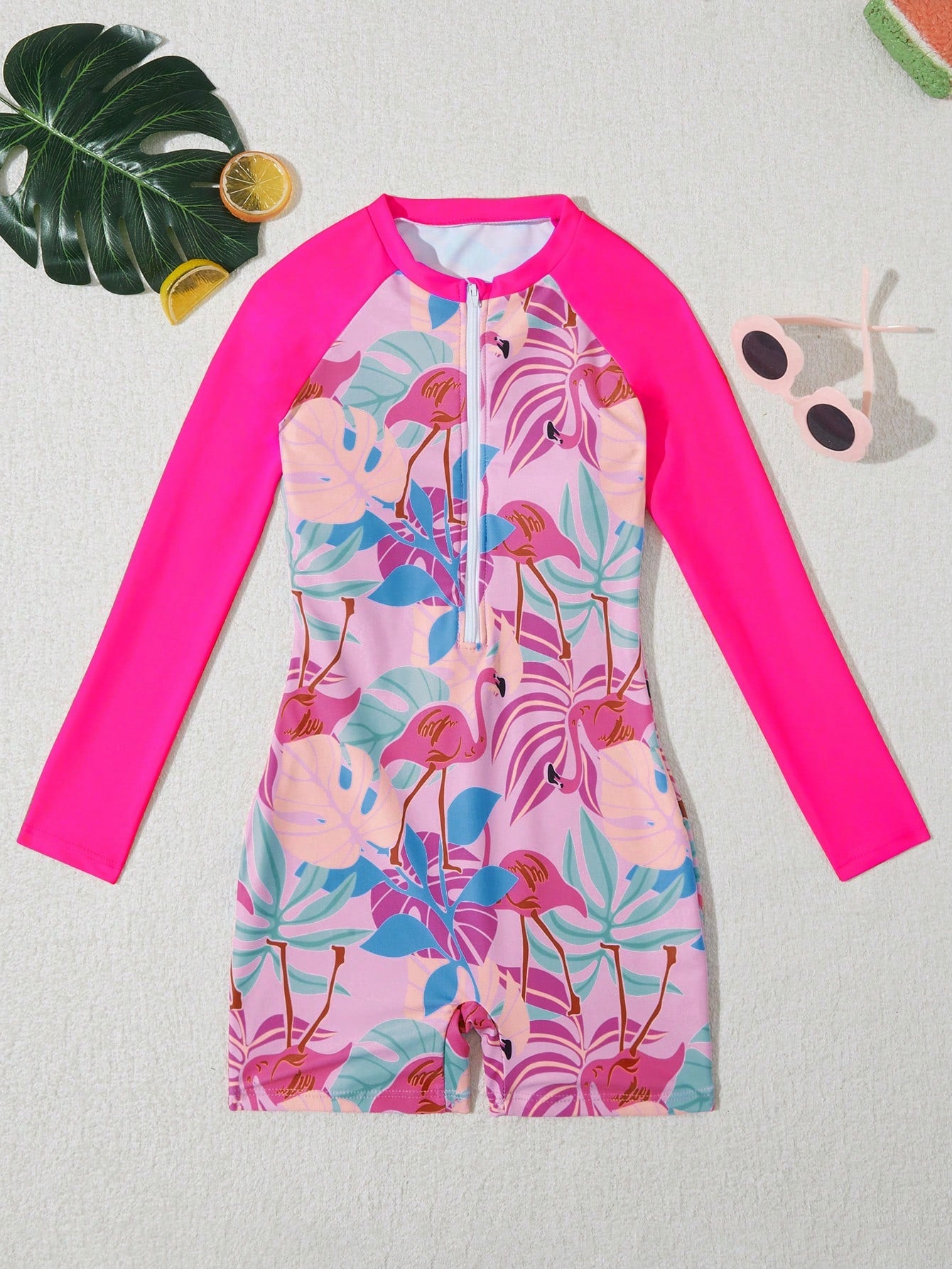 Tween Girl New Fashion Pink One-Piece Swimsuit With Multi-Color Prints