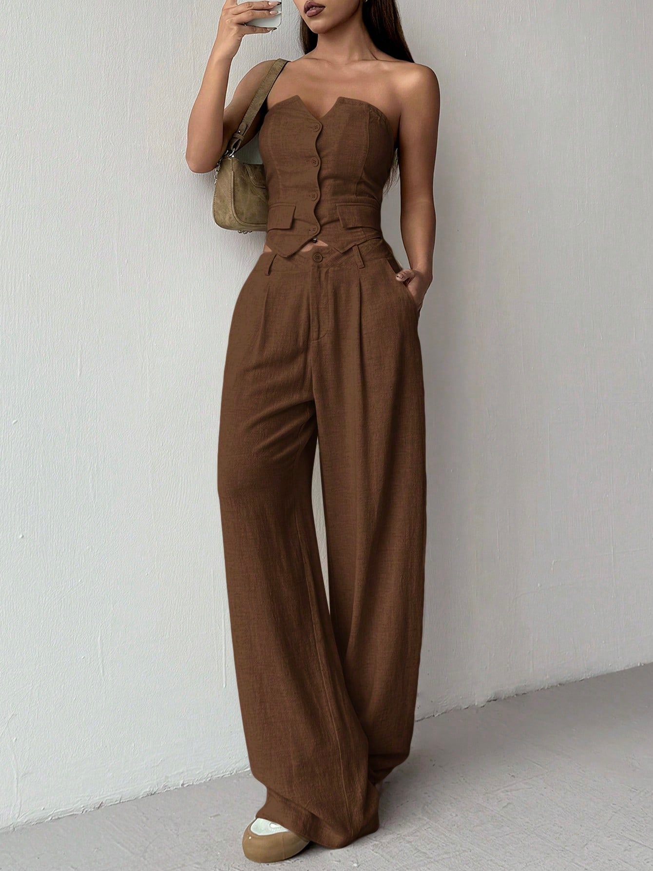 Women Summer Loose Casual Two-Piece Set With Single-Breasted Bustier With Asymmetrical Hem And Pleated Pants