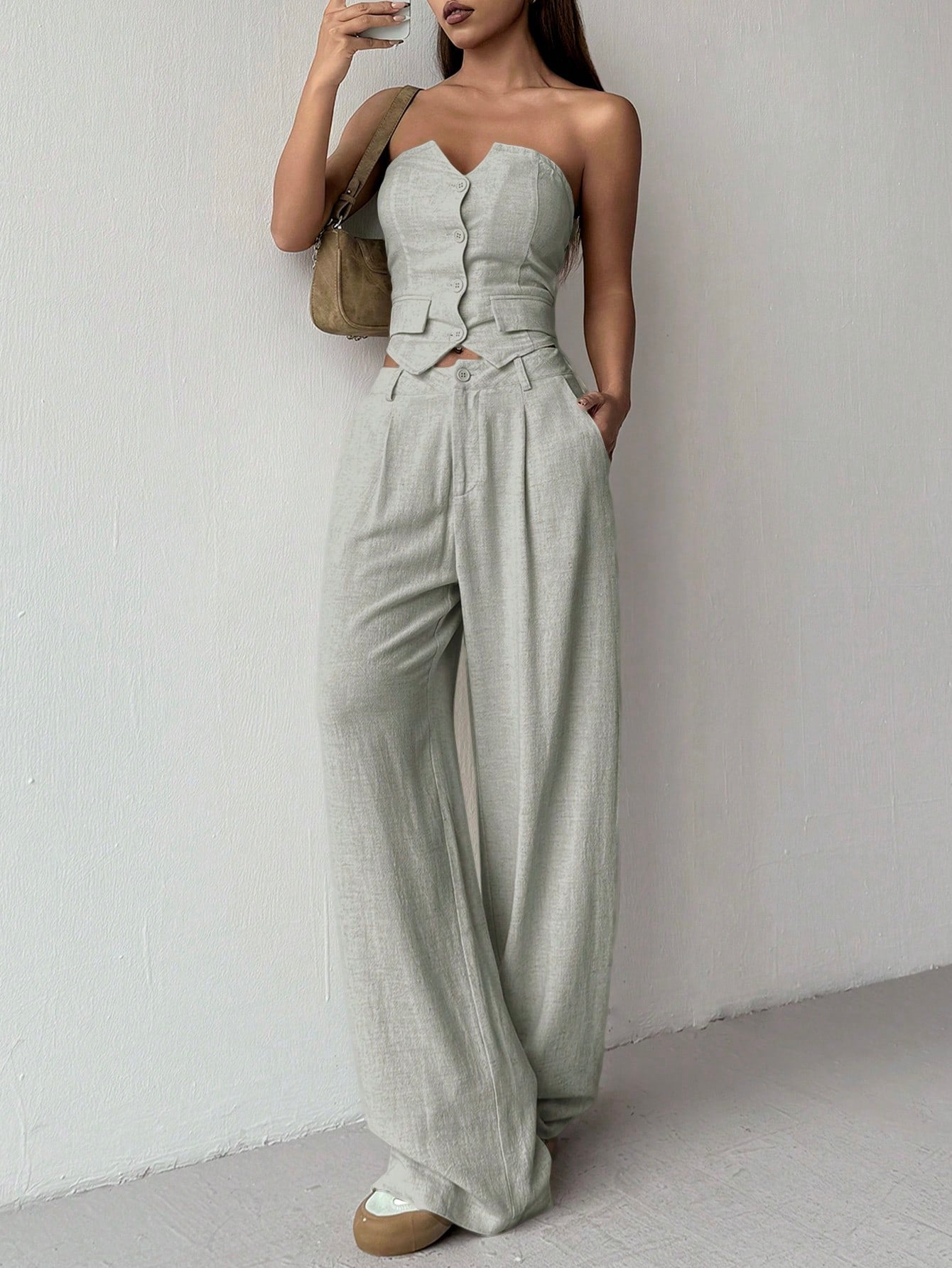 Women's Simple Summer Set With Single-Breasted Bustier Top And Wide-Leg Pants, Casual Outfits (2pcs)