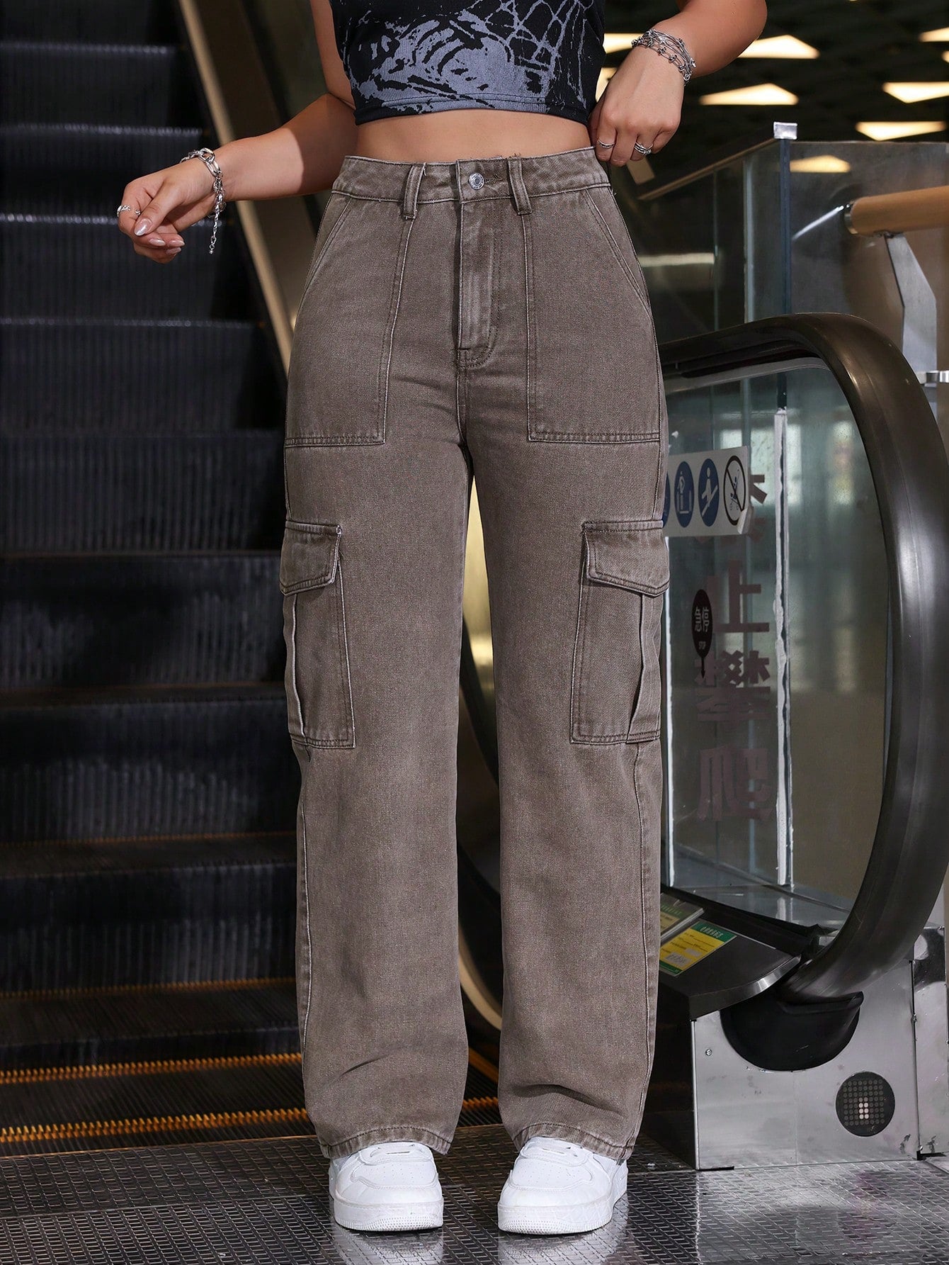 High Waisted Flap Pocket Cargo Jeans