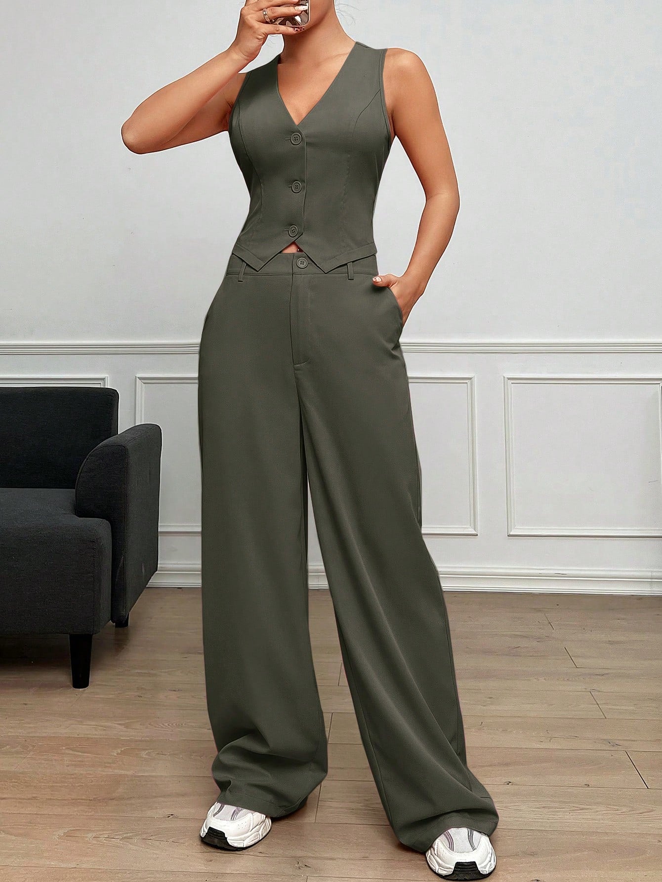 Solid Color Suit Tank Top And Pants Set