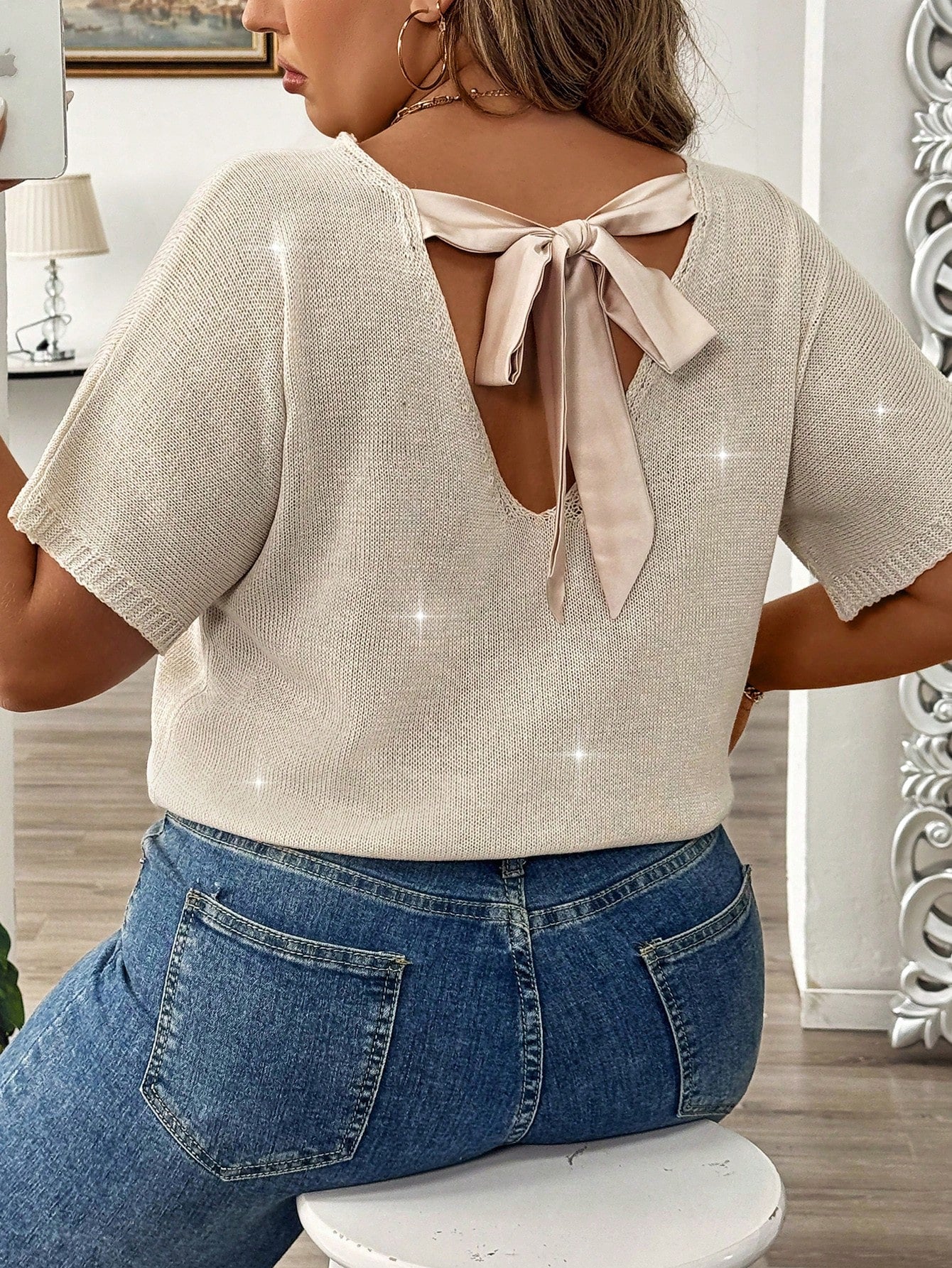 Plus Size Short-Sleeved Knitted Top With Round Neckline And Shiny Thread Back Tie