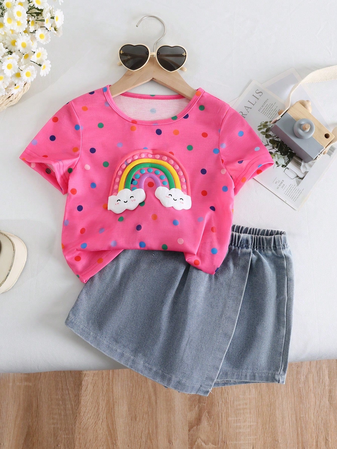 Young Girl Back To School Season Casual Cute Round Neck Regular Sleeves Colorful Polka Dot Rainbow Printed T-Shirt And Plain Denim Skort Set Summer