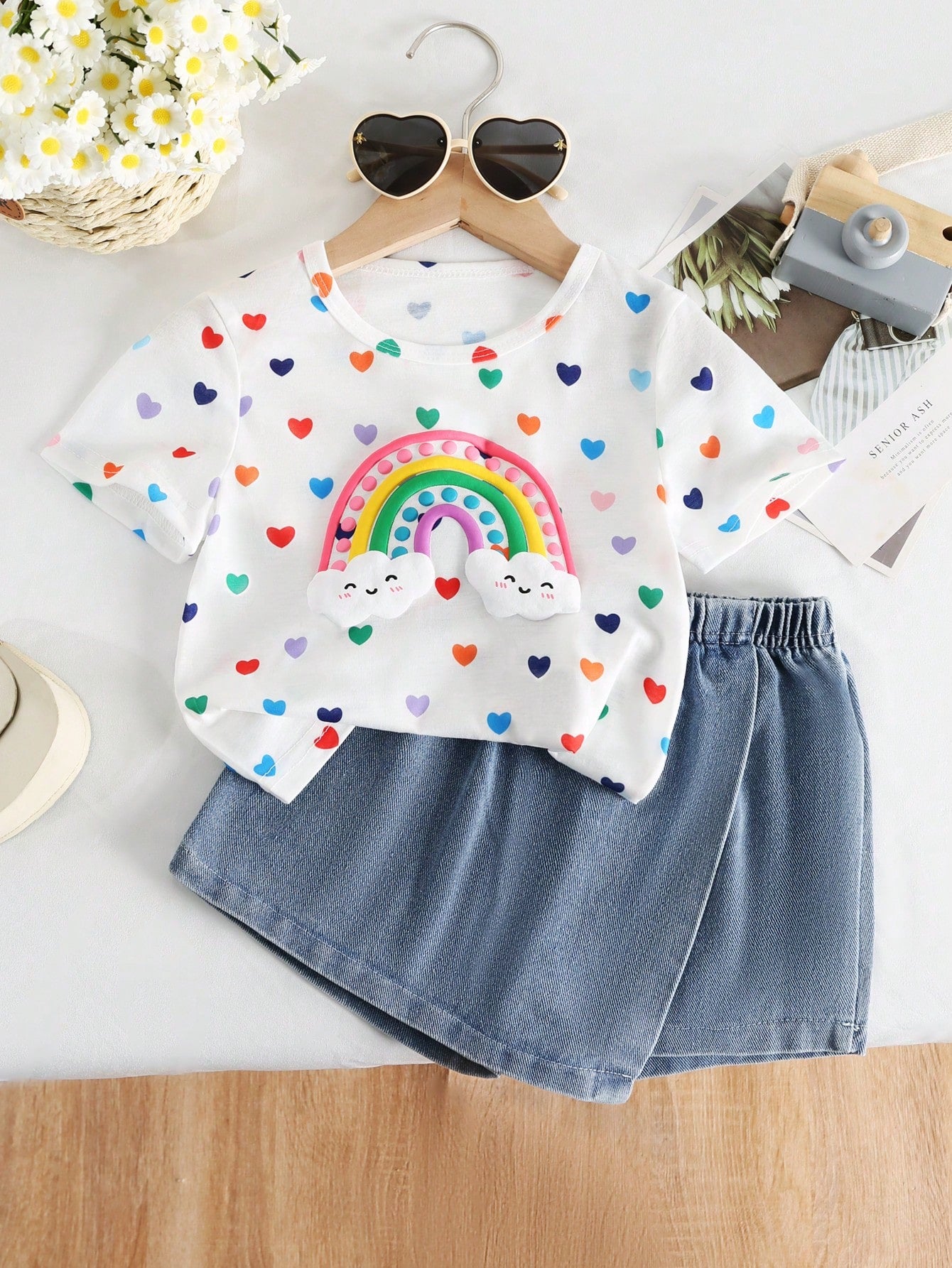 Young Girl Back To School Season Casual Cute Round Neck Regular Sleeves Colorful Polka Dot Rainbow Printed T-Shirt And Plain Denim Skort Set Summer