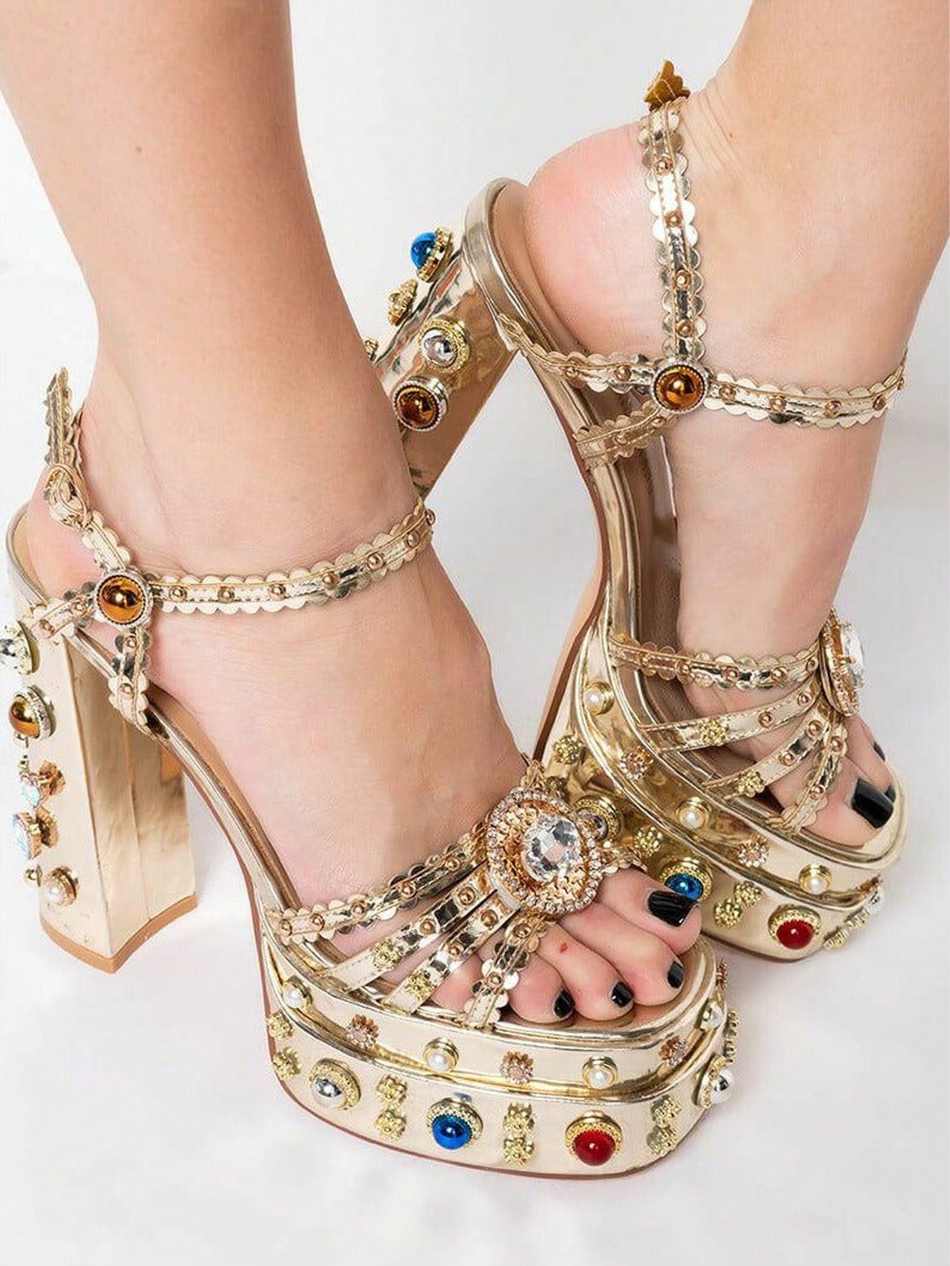 Womens Ankle Strap Heeled Sandals Rhinestones Diamonds Platform Chunky Block High Heels Buckle Up Fashion Dress Pumps For Women