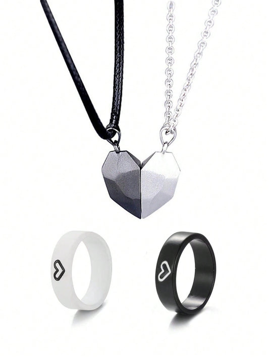 2pcs Rings + 2pcs Necklaces, Minimalist Jewelry With Stylish Heart-Shaped Design, Ideal Gift For Your Best Friend