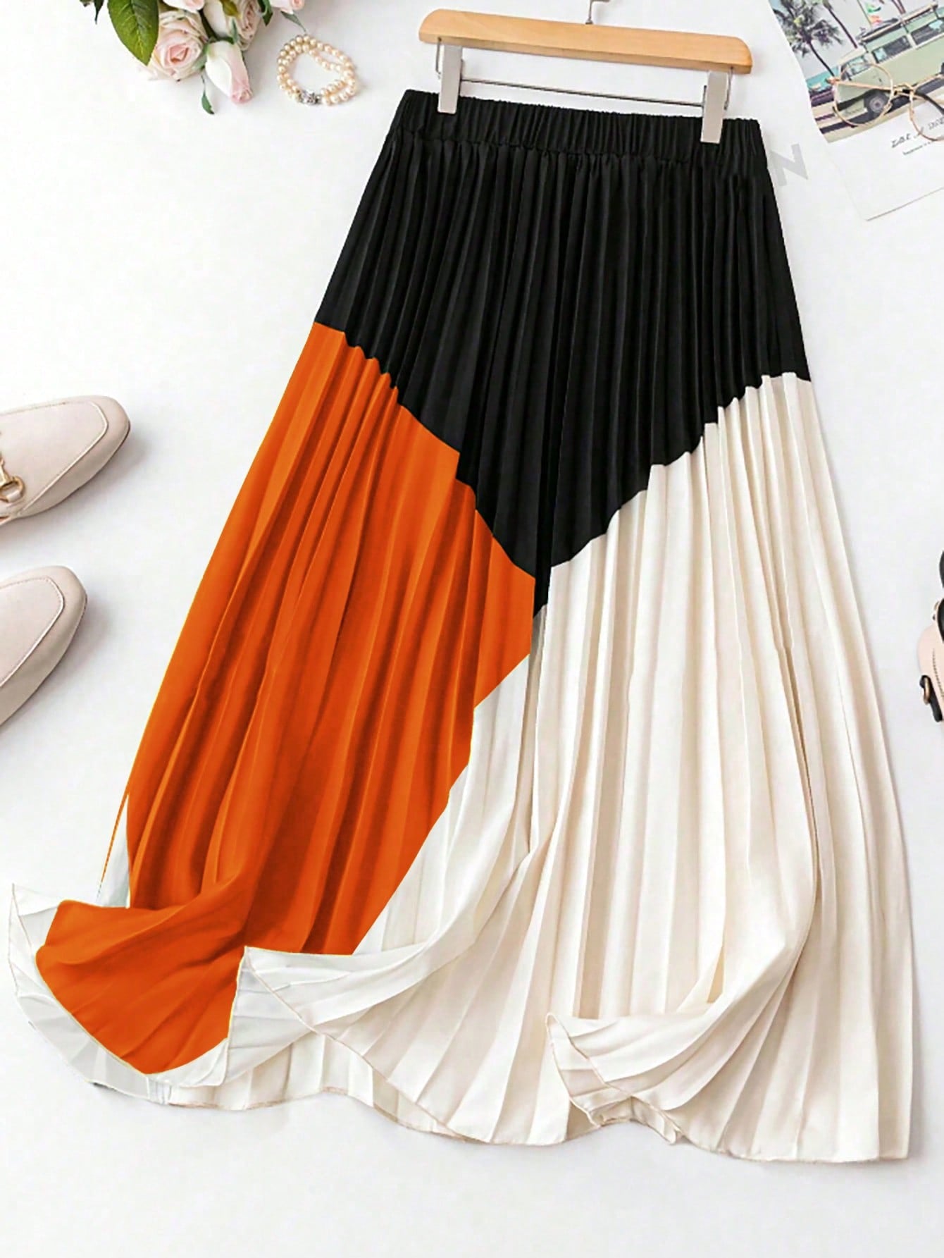 Women Plus Size Color Block Pleated Skirt