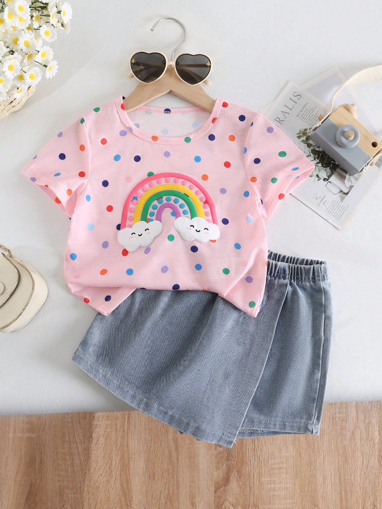 Young Girl Back To School Season Casual Cute Round Neck Regular Sleeves Colorful Polka Dot Rainbow Printed T-Shirt And Plain Denim Skort Set Summer