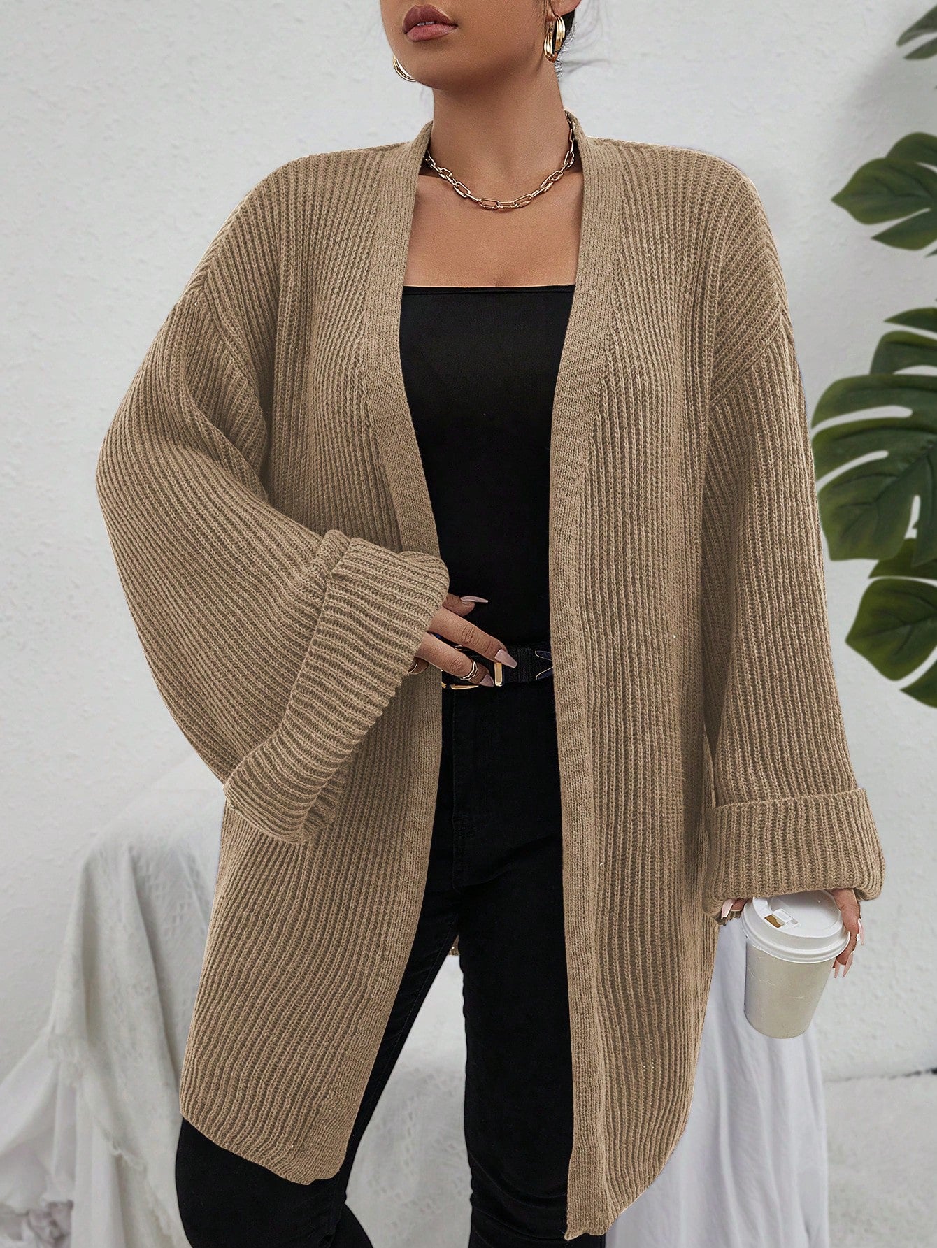 Plus Drop Shoulder Open Front Cardigan