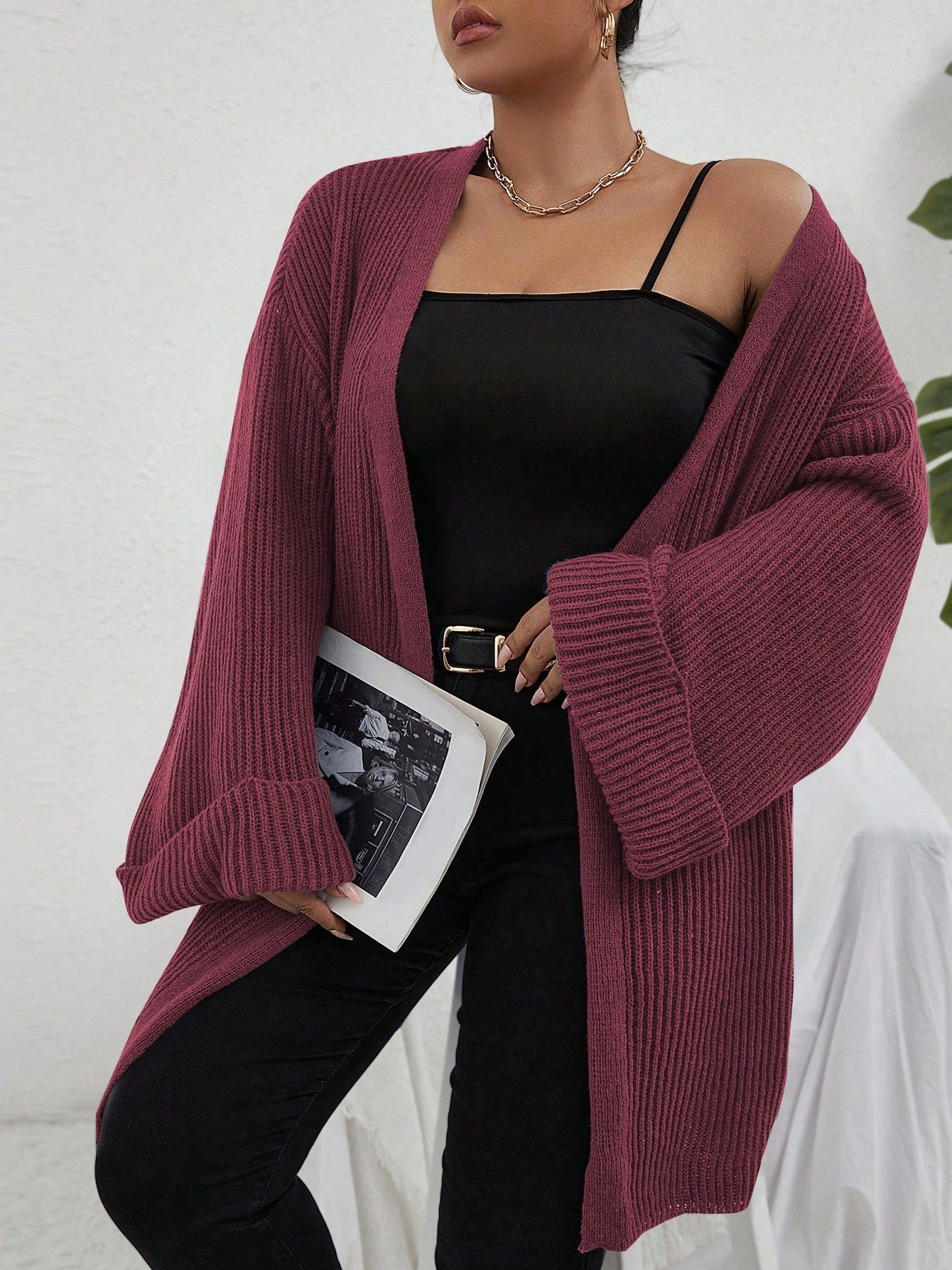 Plus Size Solid Color Ribbed Knit Elegant Long Sleeve Cardigan