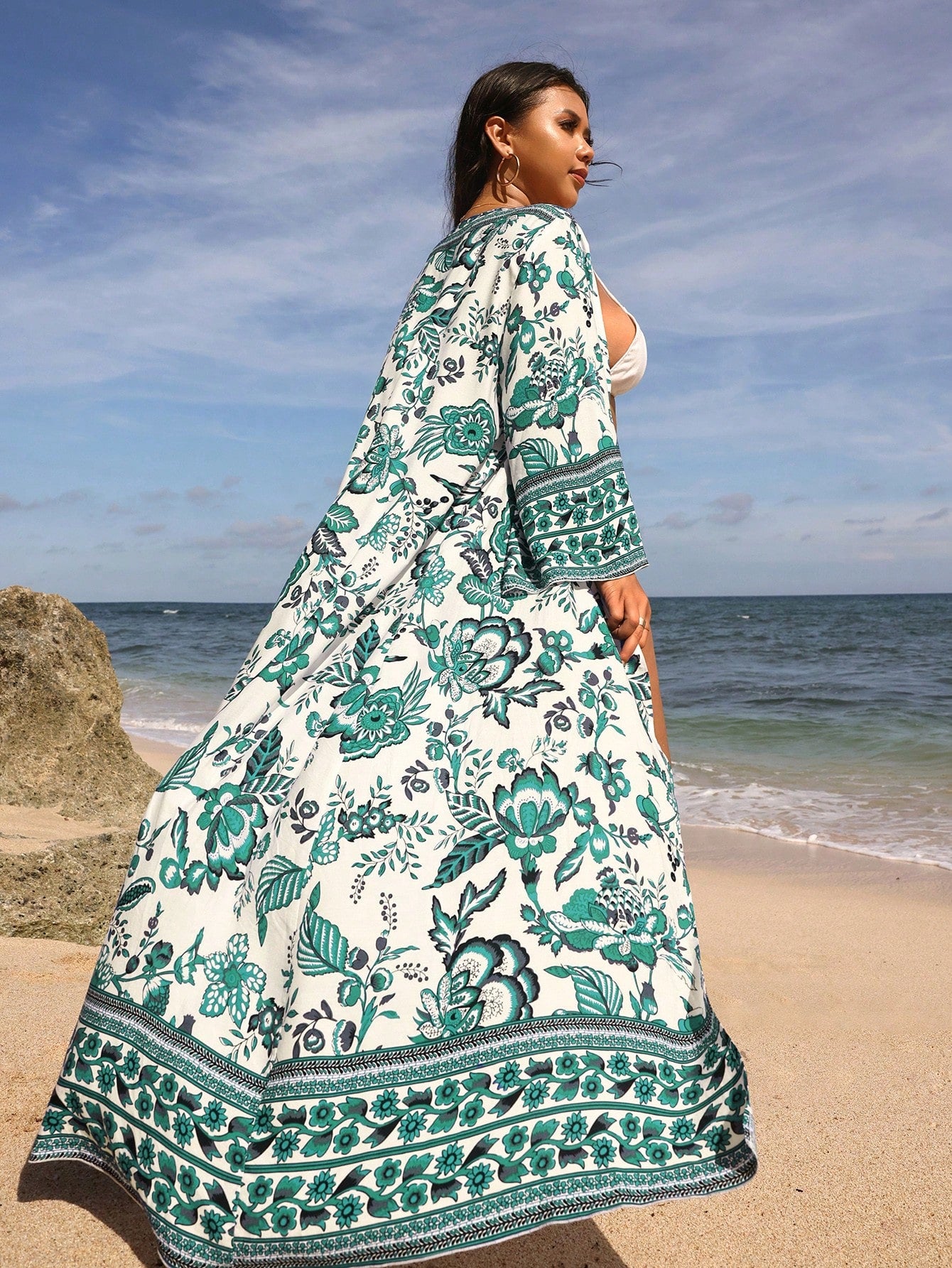 Swim Vcay Plus Size Floral Printed Maxi Kimono For Beach Vacation