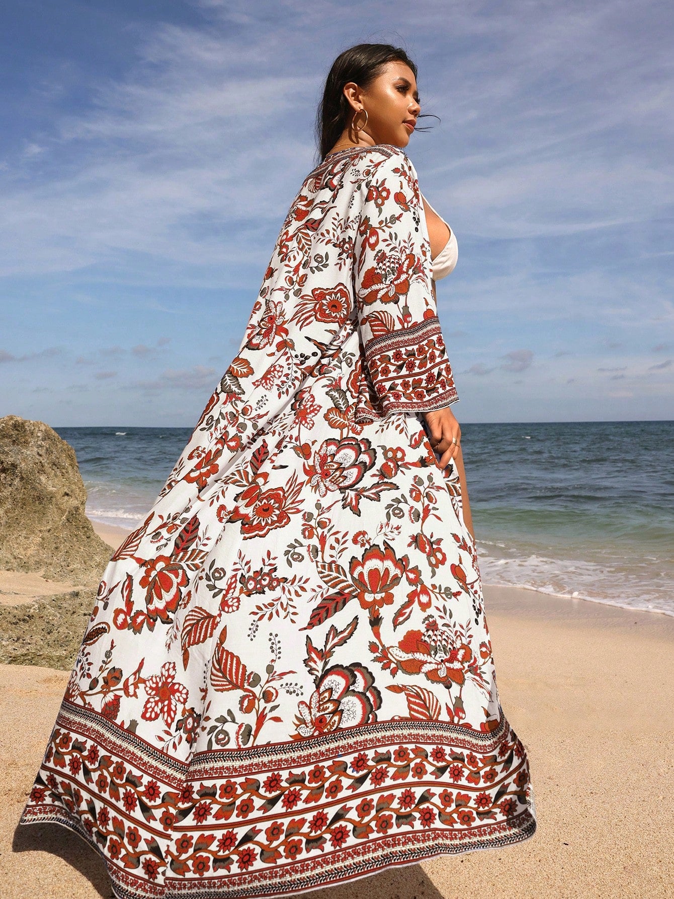 Swim Vcay Plus Size Floral Printed Maxi Kimono For Beach Vacation