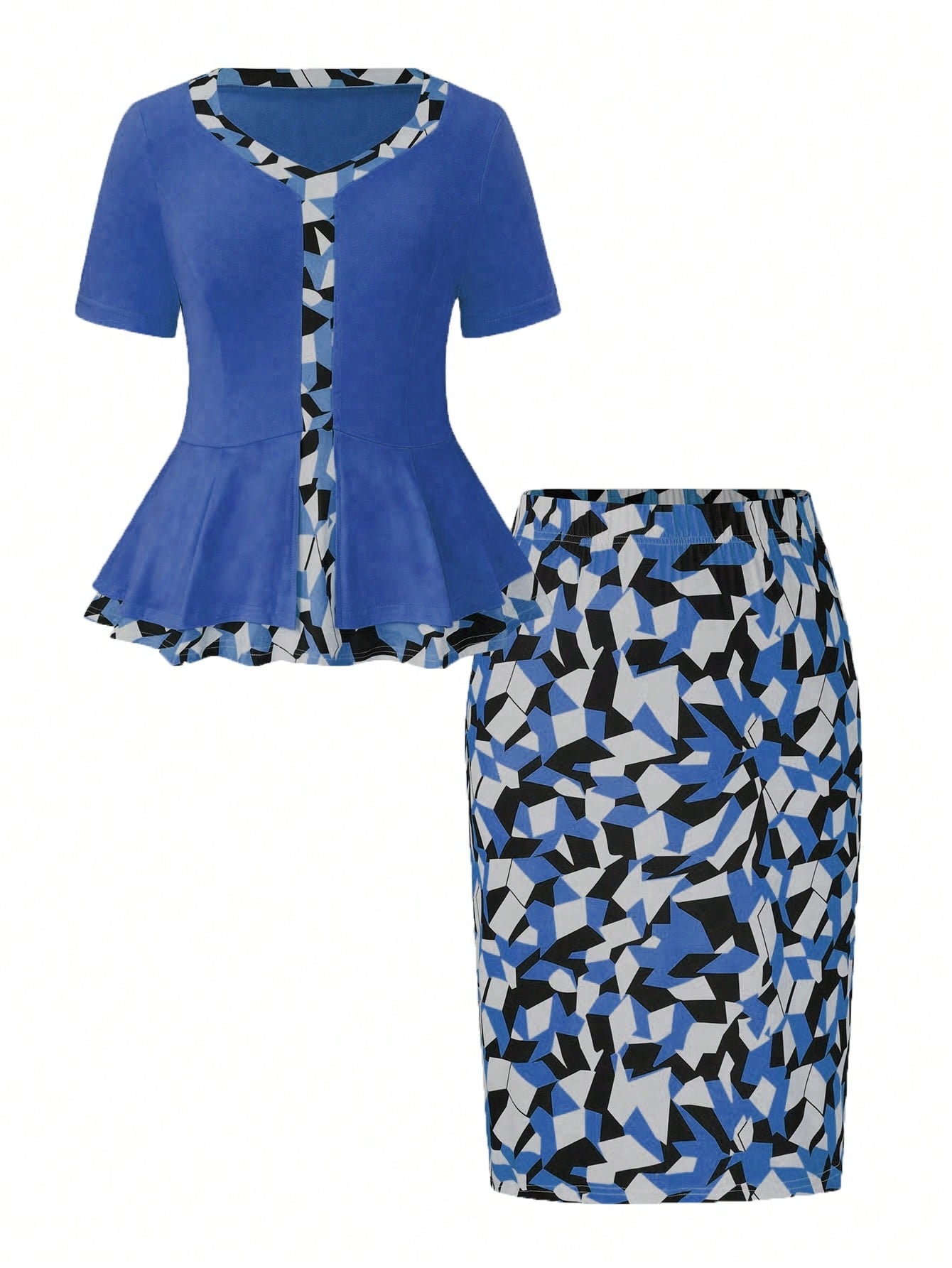 Plus Size Geometric Printed Patchwork Short Sleeve Top &amp; Printed A-Line Skirt Two-Piece Set For Summer