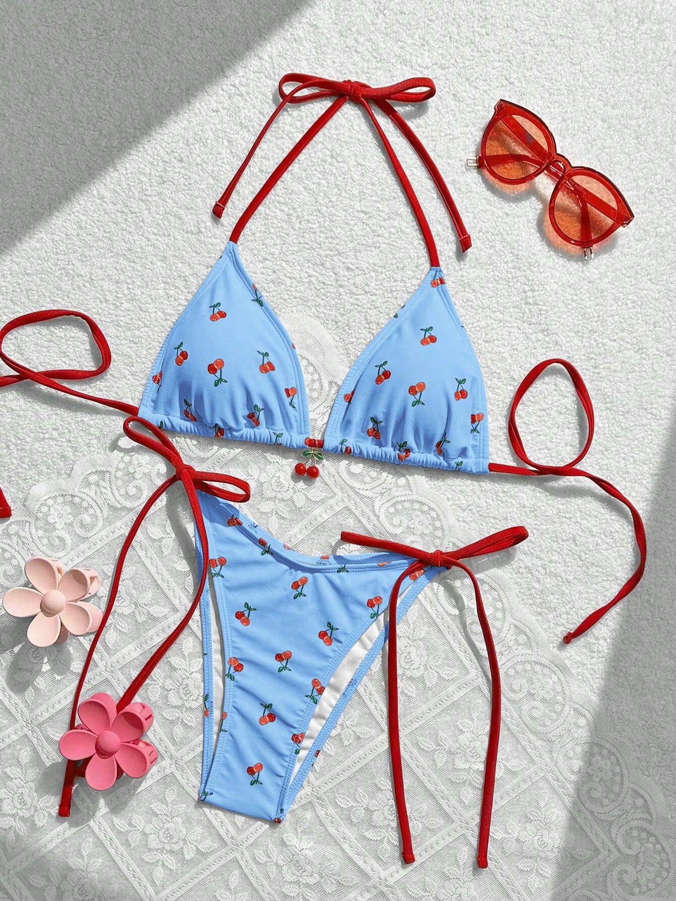 Swim Mod Women Summer Beach Cherry Print Halter Neck Bikini Set For Vacation