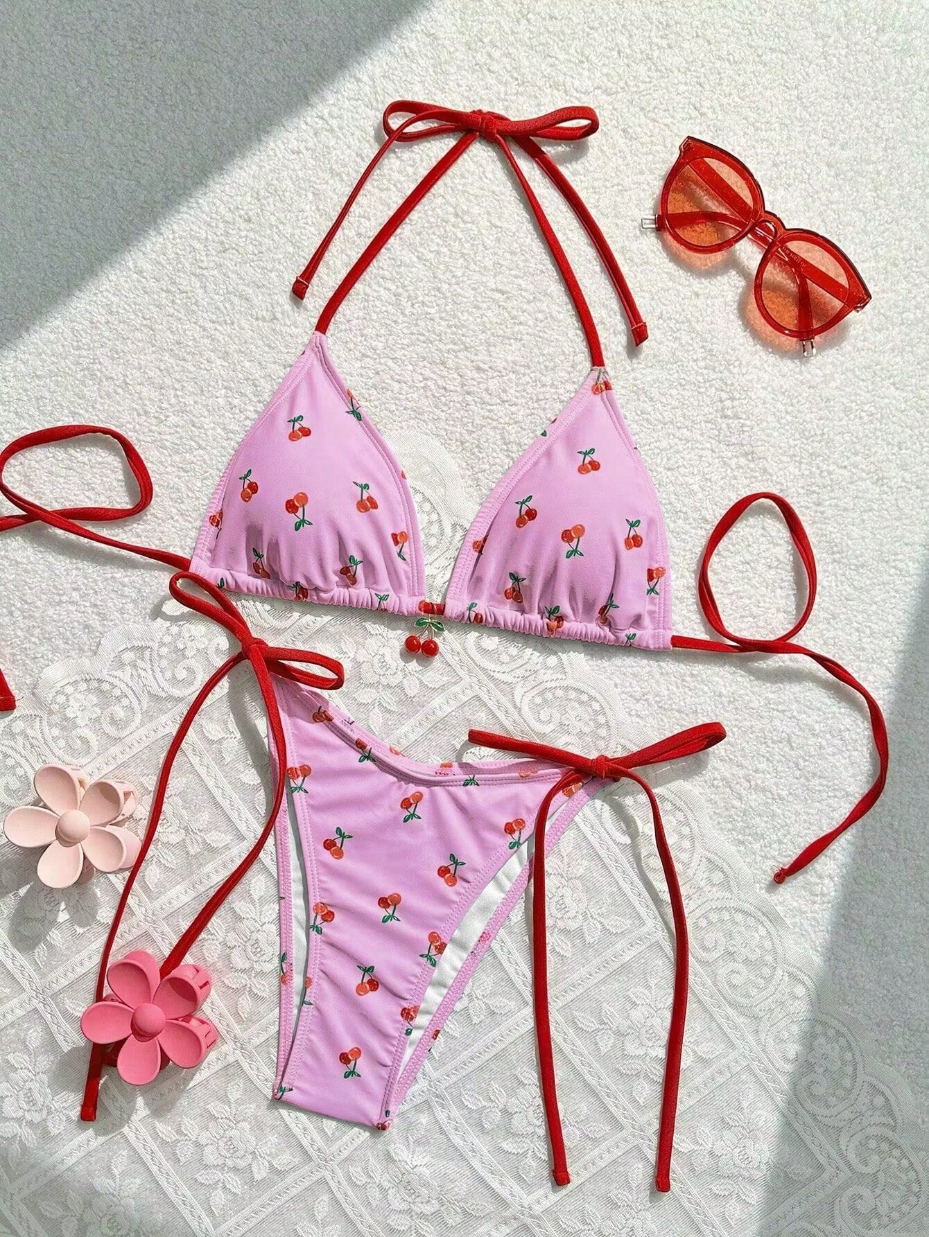 Swim Mod Women Summer Beach Cherry Print Halter Neck Bikini Set For Vacation