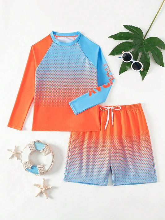 Teen Boy Summer Beach High Collar Color Block Printed Long Sleeve Swimsuit Top And Drawstring Color Block Beach Shorts Swimwear Set