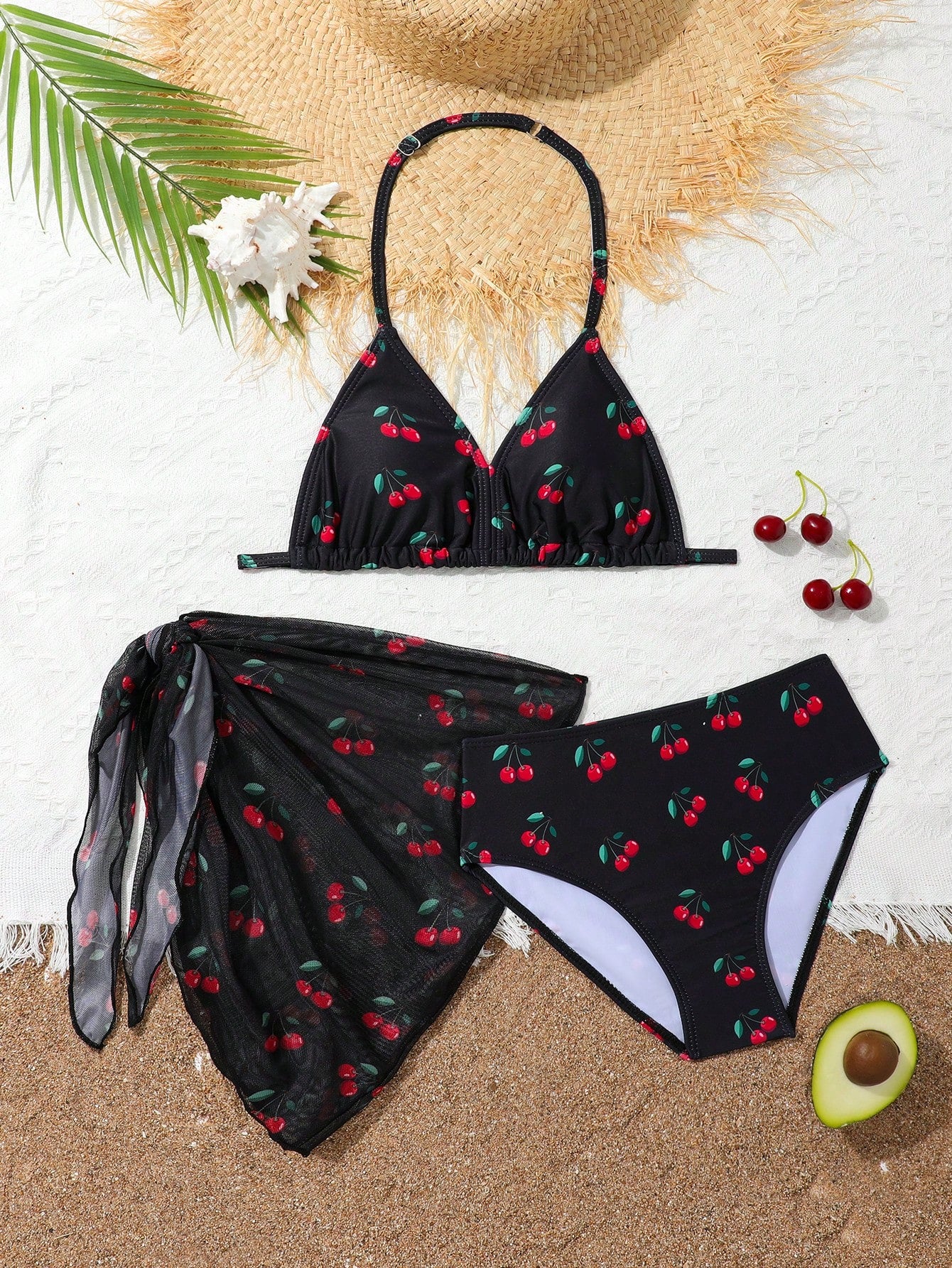 Tween Girls' Cherry Print Halter Neck Bikini Set With Separate Swimwear