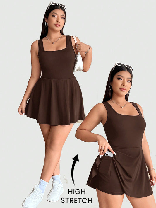 Women's Plus Size Sleeveless Jumpsuit With Inner Skirt And Pocket Shorts, Solid Color