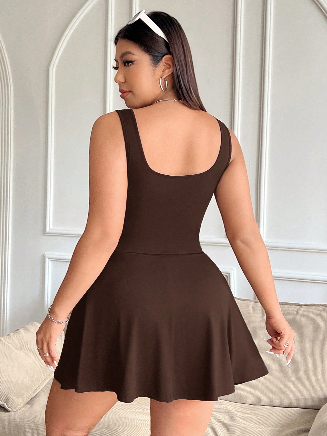 Women's Plus Size Sleeveless Jumpsuit With Inner Skirt And Pocket Shorts, Solid Color